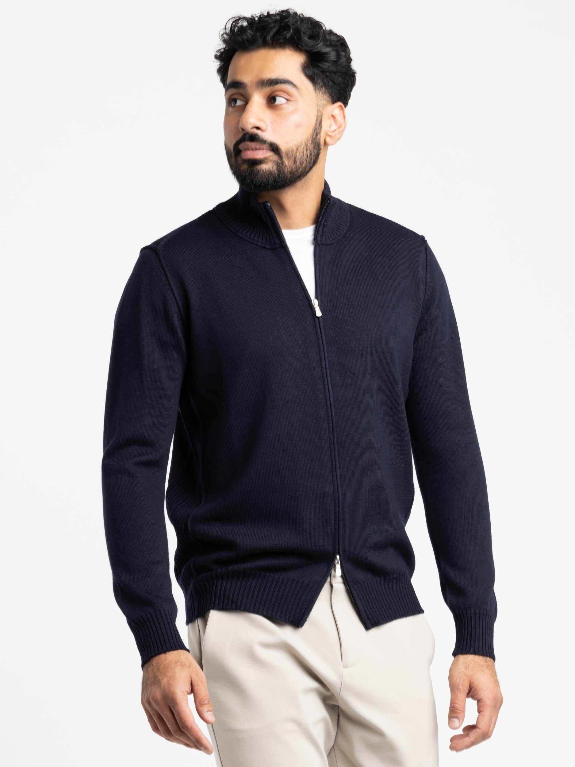 Navy Extra Fine Merino Wool Zip Sweater