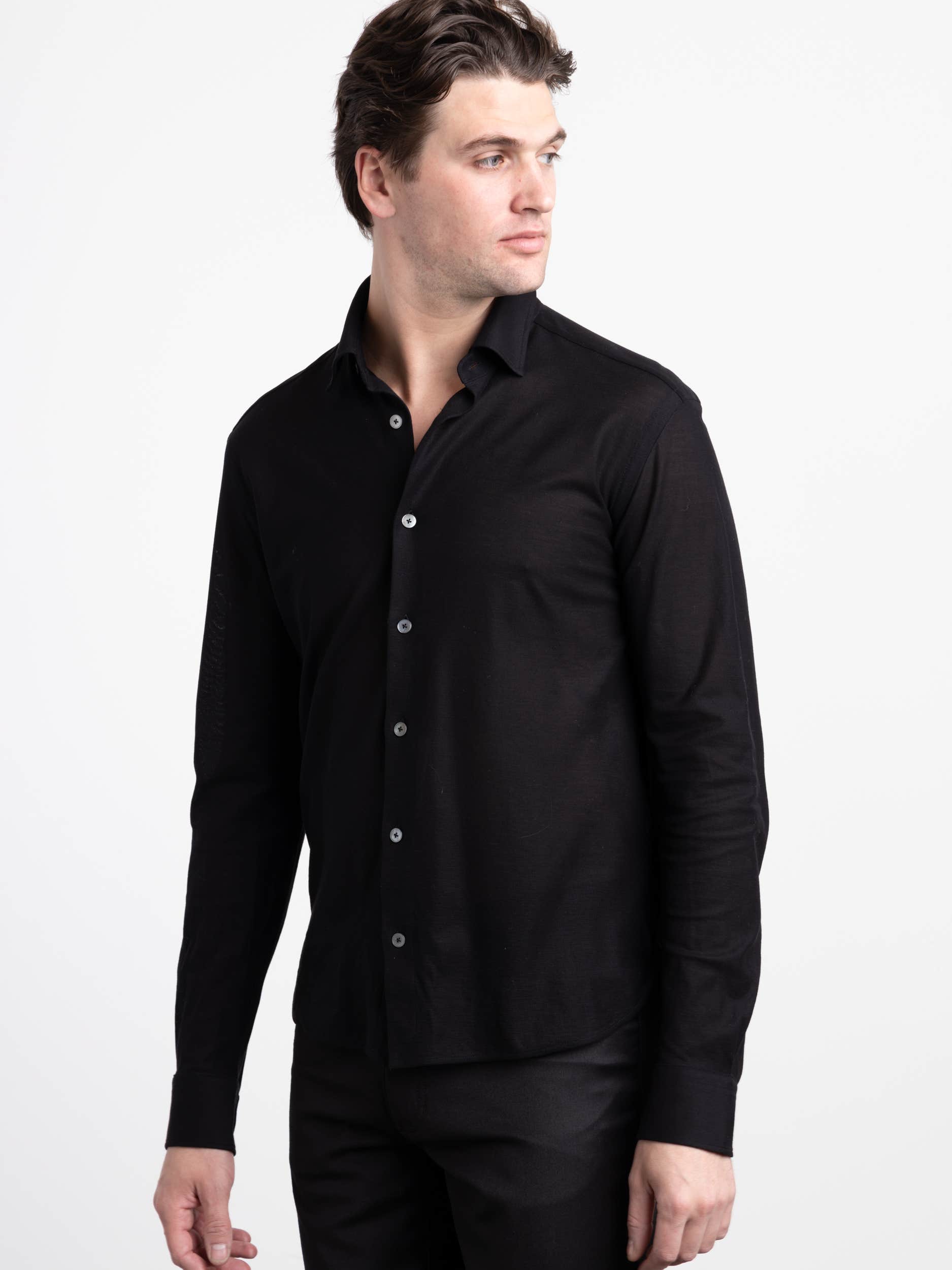 Black Stretch Pique Button-Down