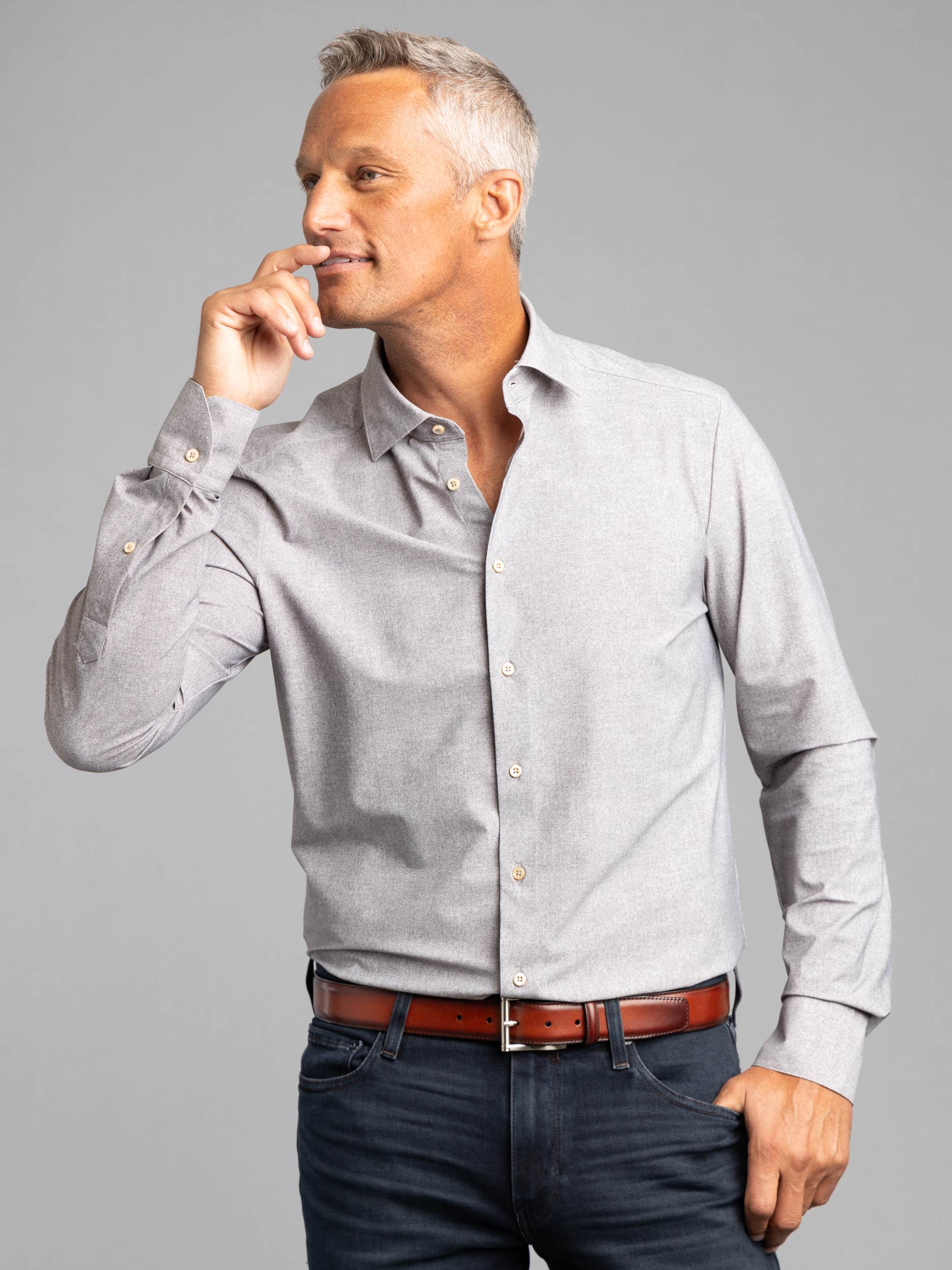 Grey Herringbone Pattern Button-Down Shirt