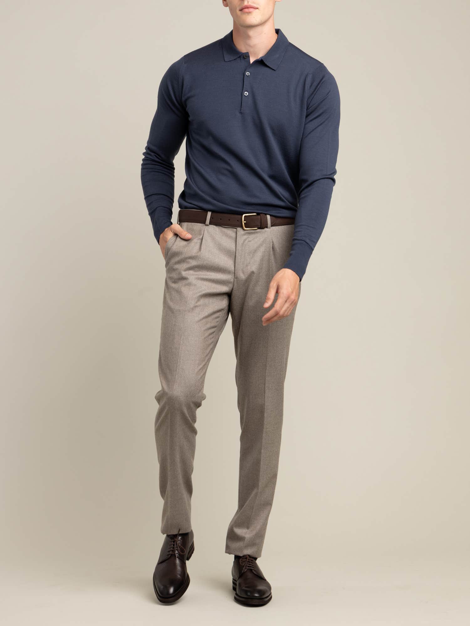 Oat Coloured Single Pleated Flannel Pants