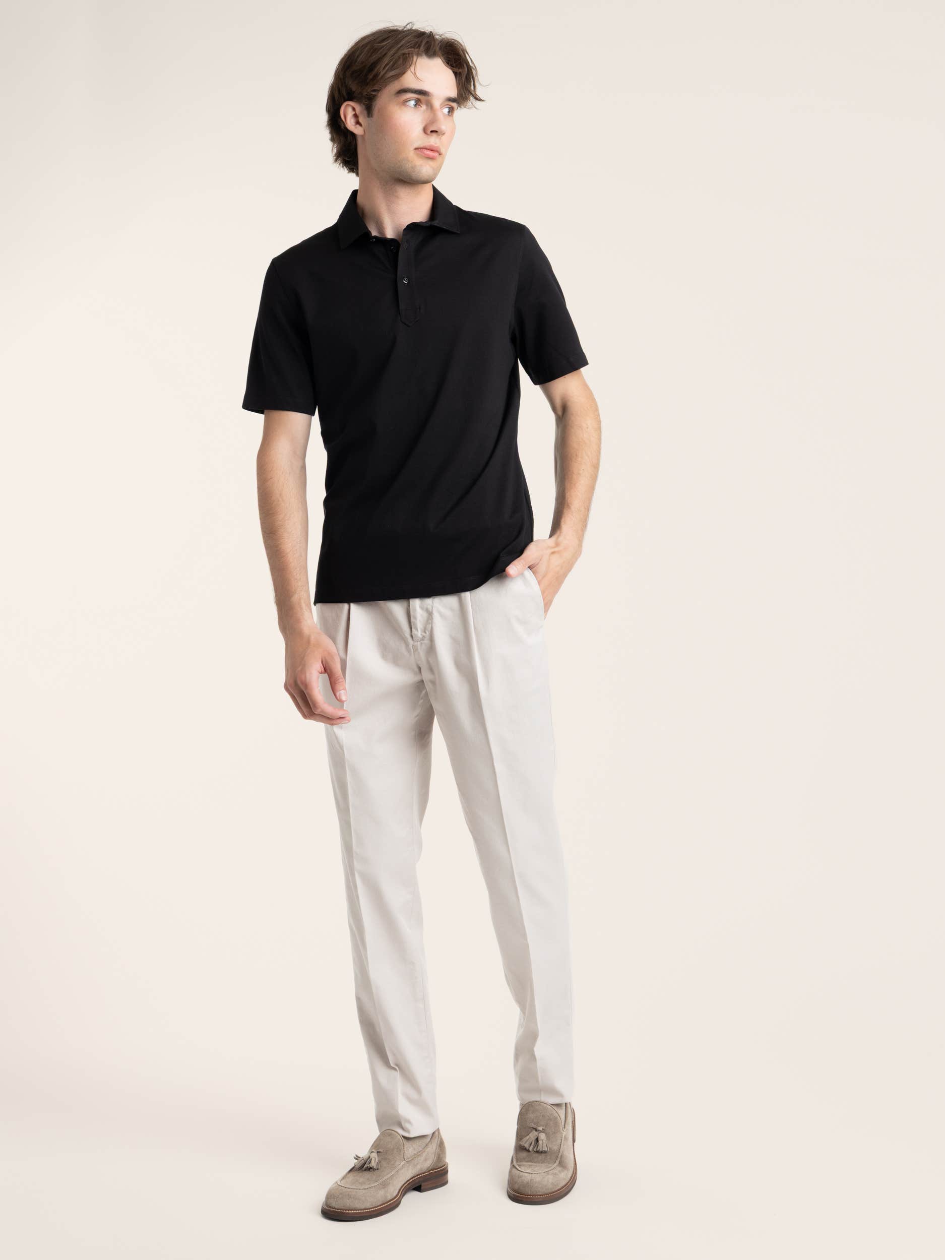 Black Cotton Jersey Polo Shirt-Style Collar