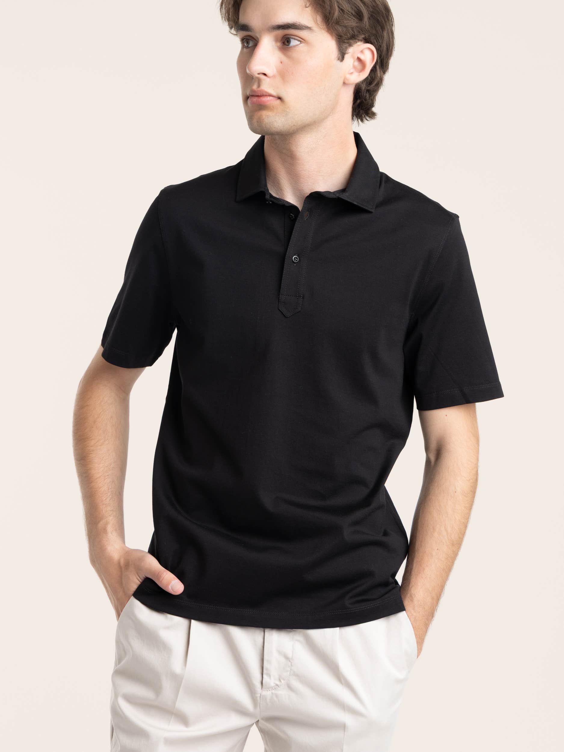 Black Cotton Jersey Polo Shirt-Style Collar