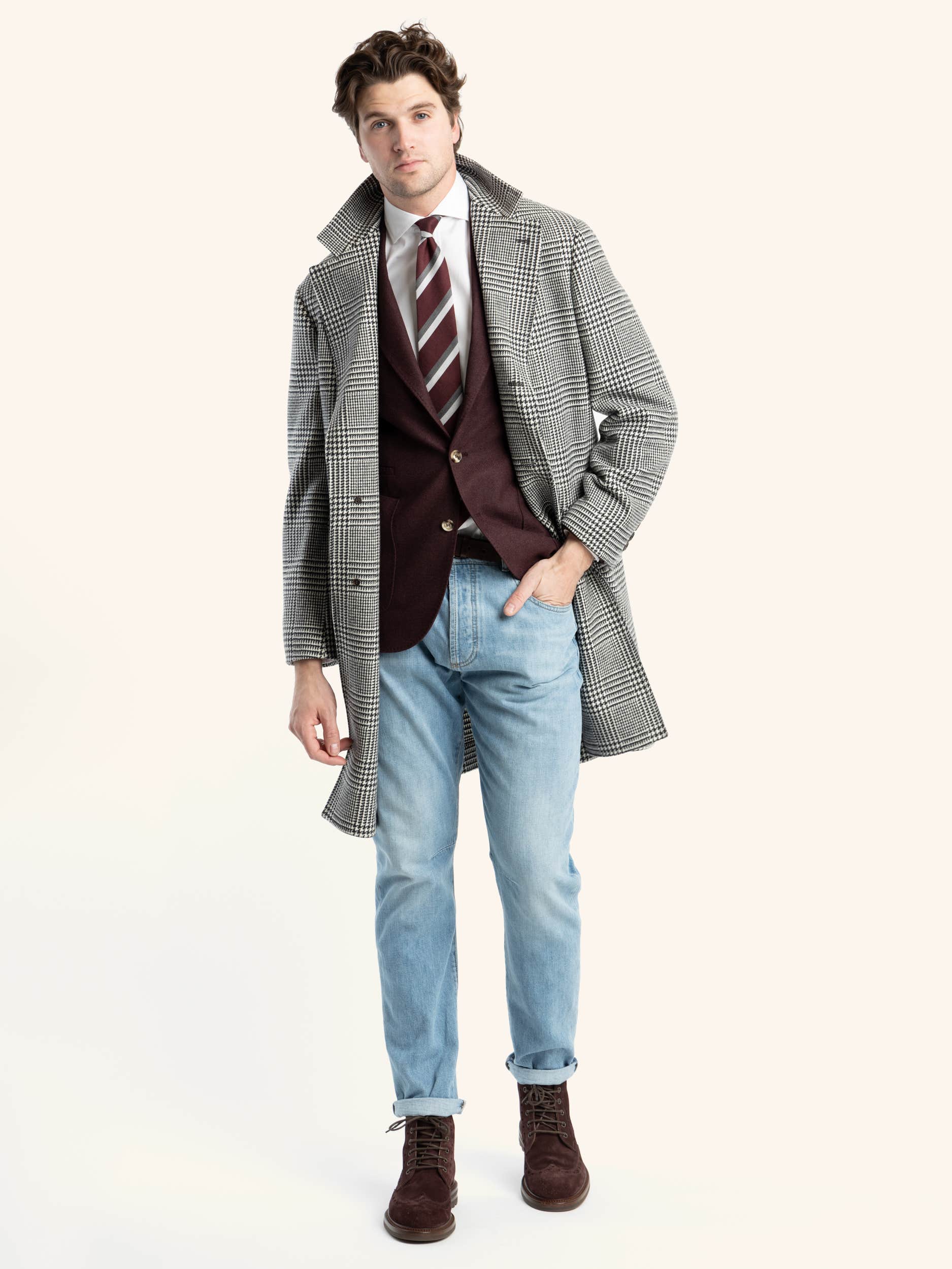 Grey Long-Sleeved Double-Breasted Checked Coat