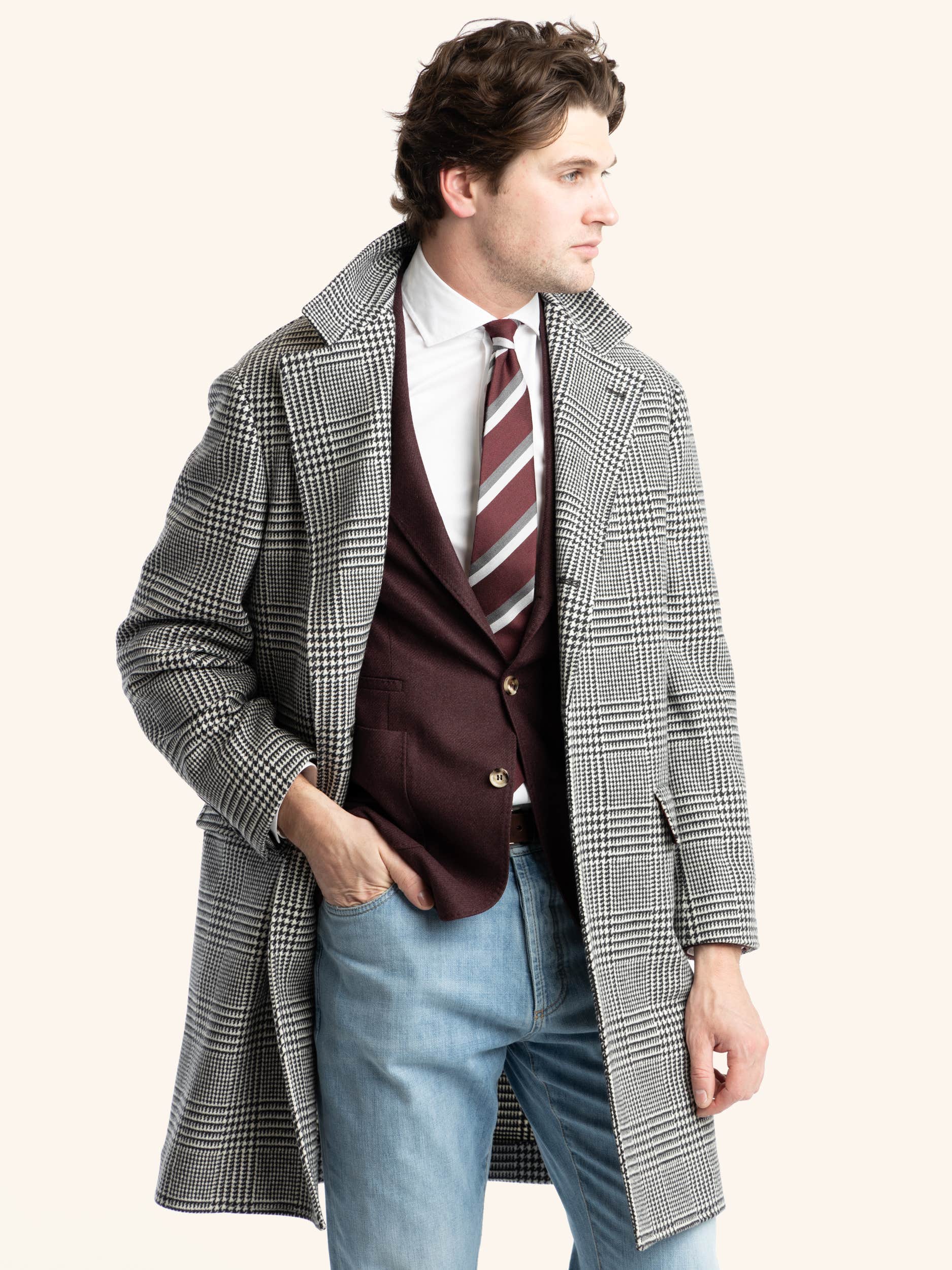 Grey Long-Sleeved Double-Breasted Checked Coat