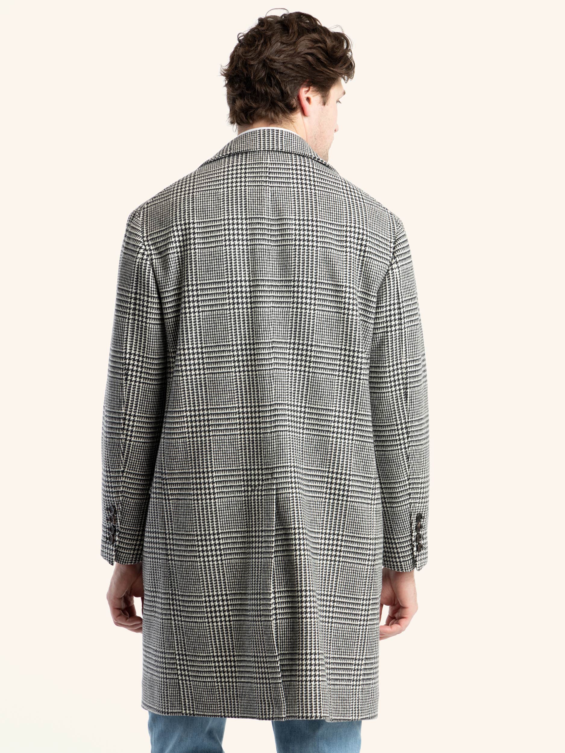 Grey Long-Sleeved Double-Breasted Checked Coat