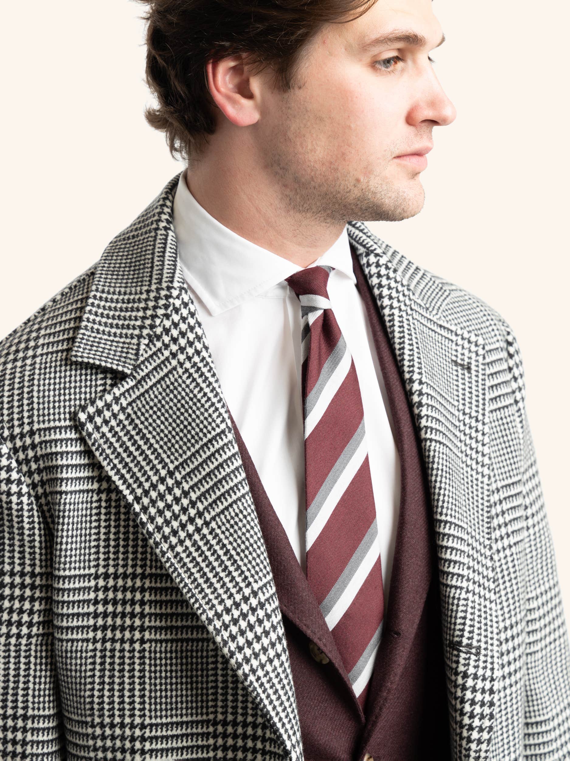 Grey Long-Sleeved Double-Breasted Checked Coat