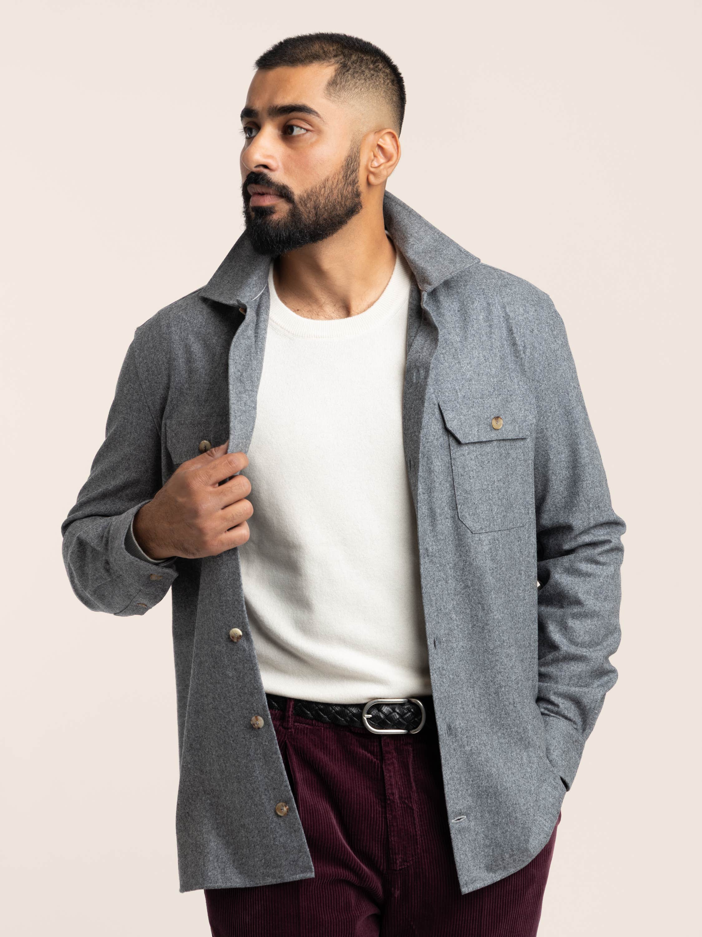 Dark Grey Wool Flannel Overshirt With Chest Pockets