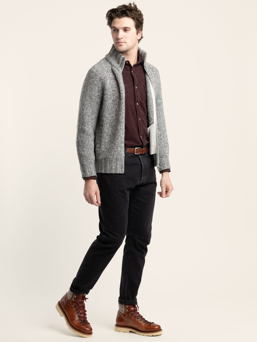 Grey Raglan-Sleeved Full Zip Knitted Cardigan