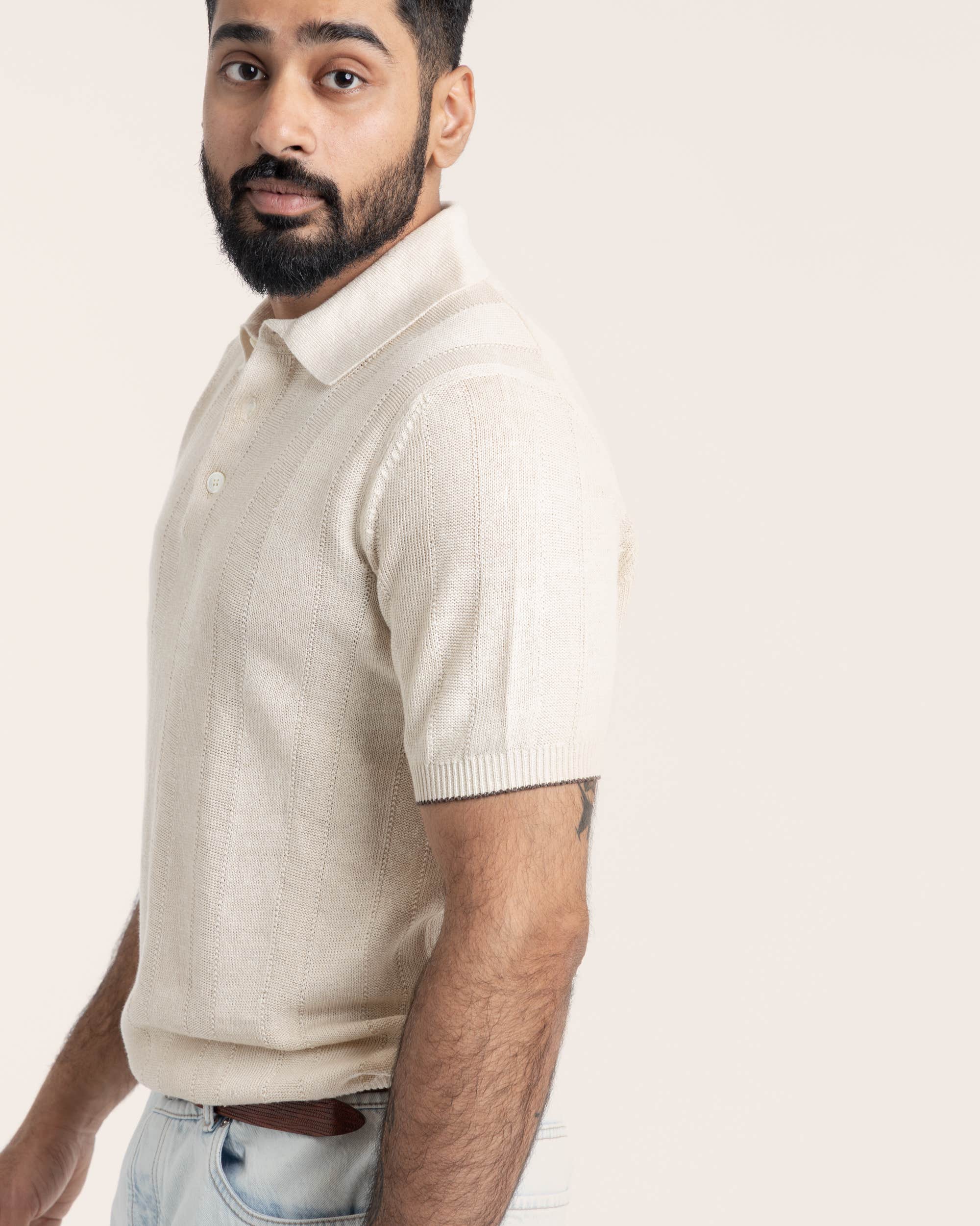 Linen and Cotton Wide Rib Knit Polo