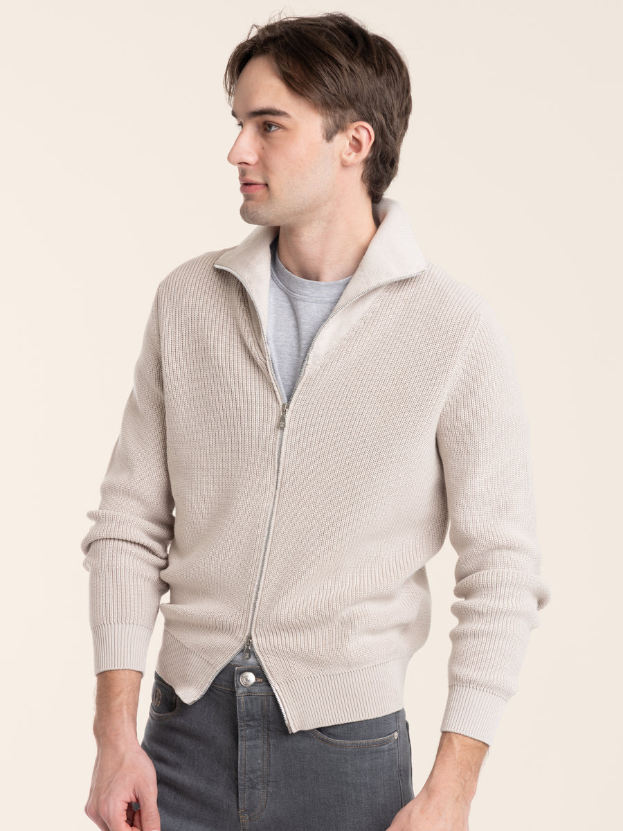 Malfilé Cotton English Rib Cardigan with Raglan Sleeves and Zipper