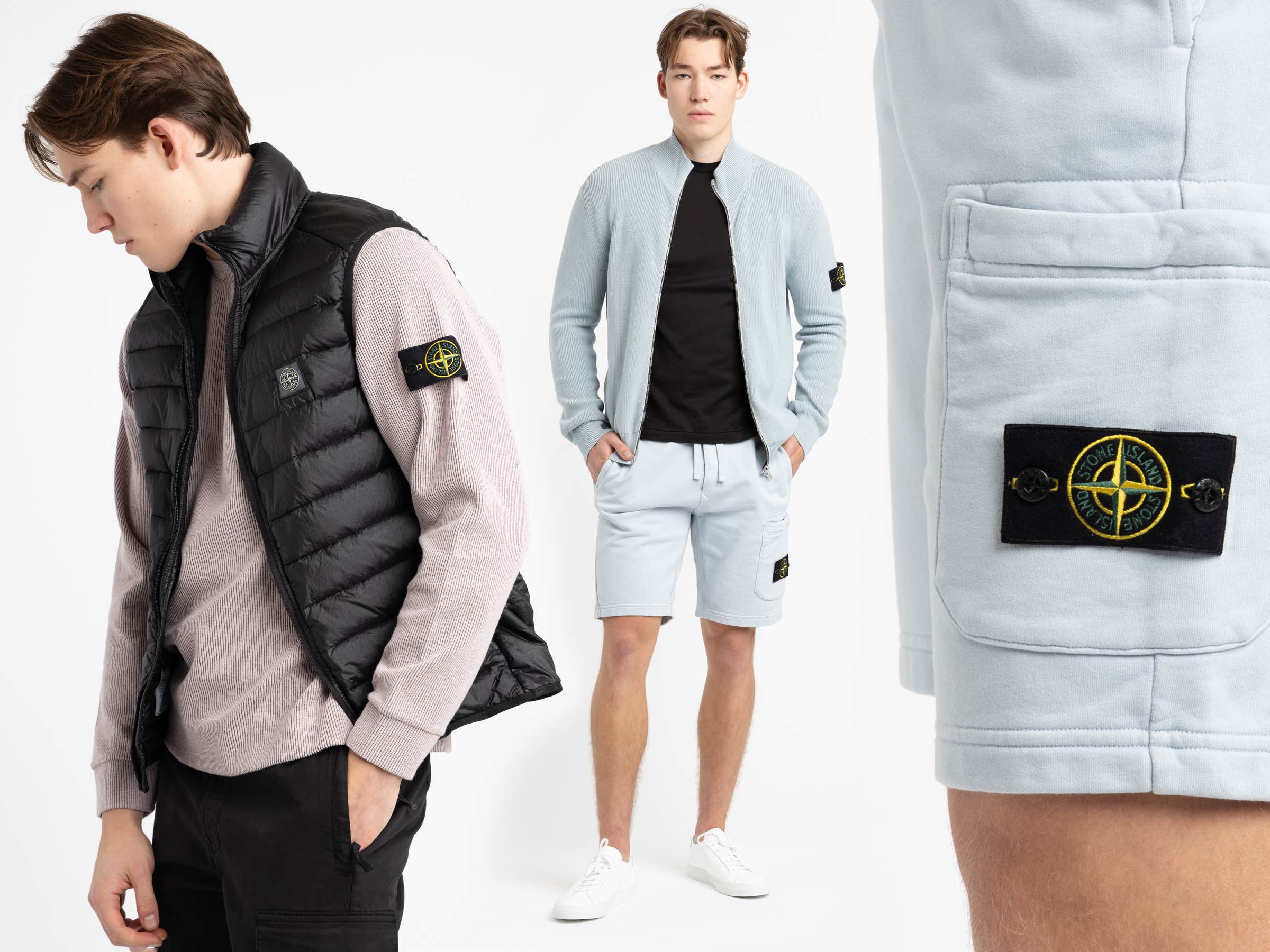 Image of man wearing the Stone Island black nylon vest, sky blue cotton shorts and the Stone Island pink ribbed cotton crewneck