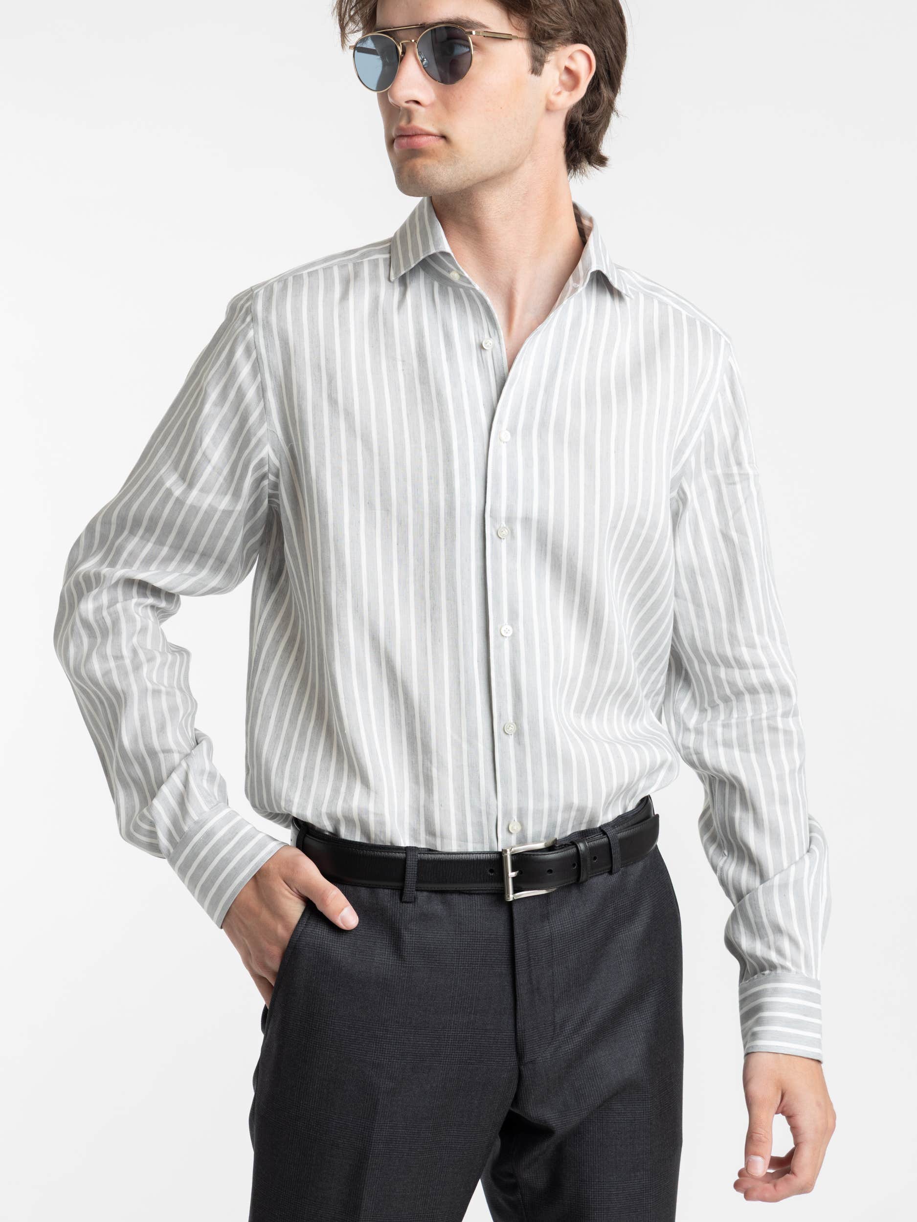 Grey Striped Linen Button Down Collar Shirt