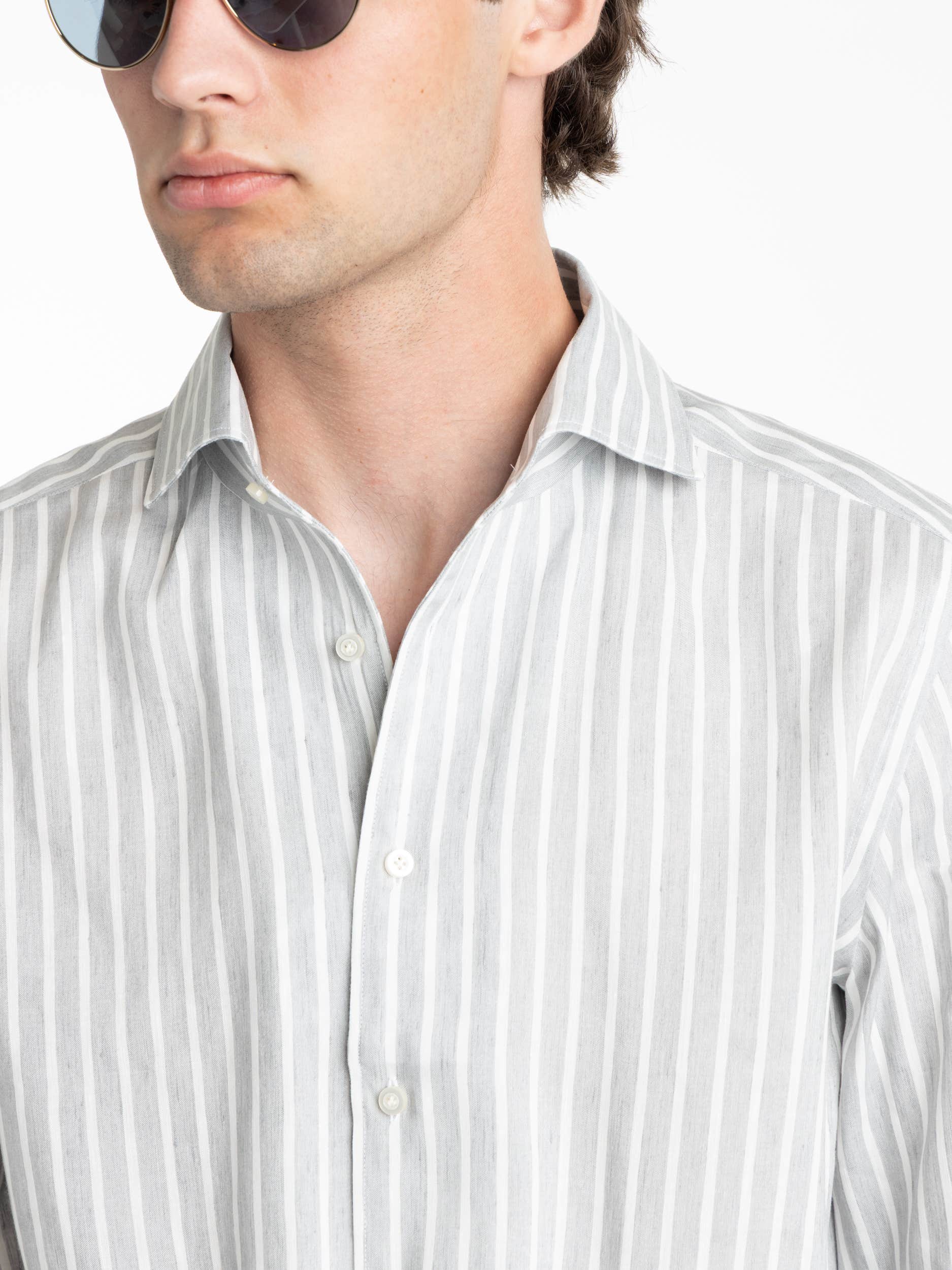 Grey Striped Linen Button Down Collar Shirt