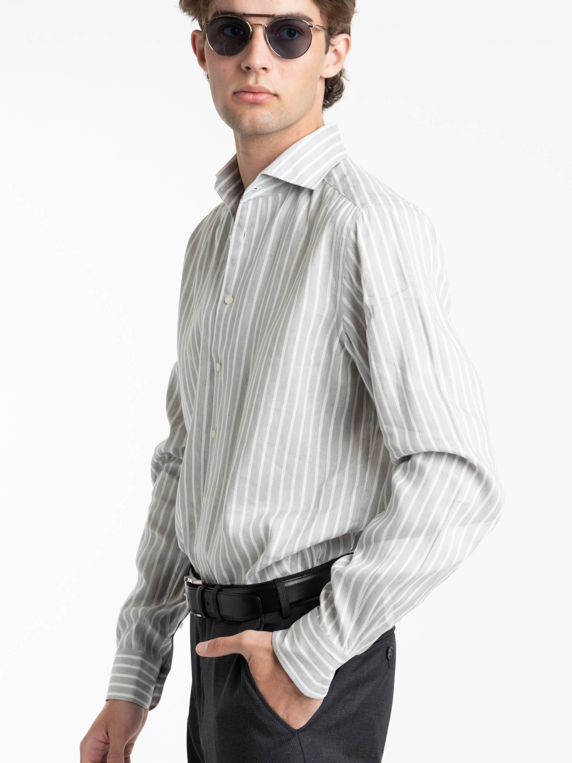 Grey Striped Linen Button Down Collar Shirt