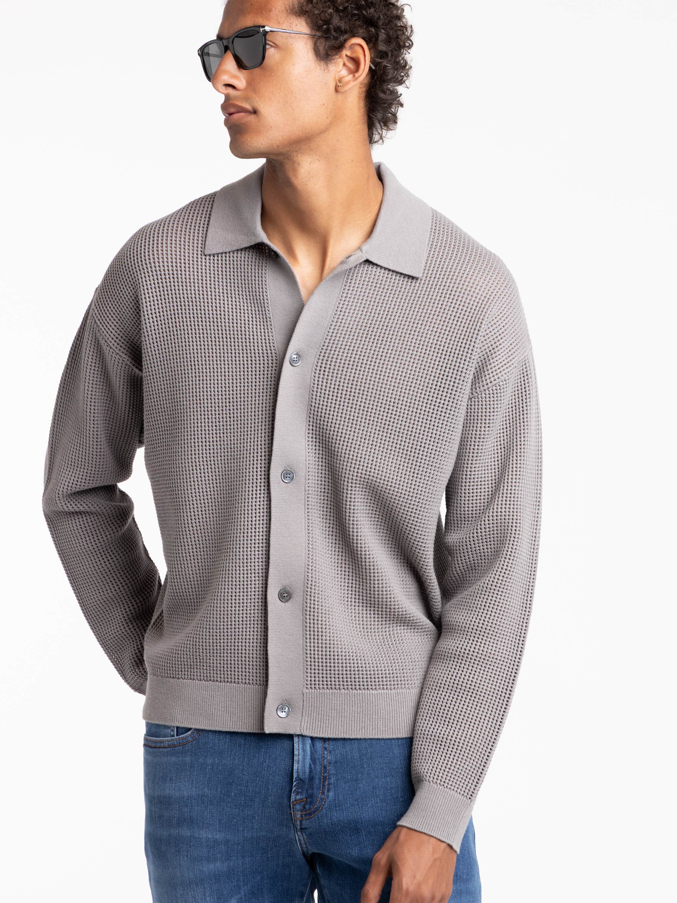 Grey Wool Blended Open Knit Cardigan