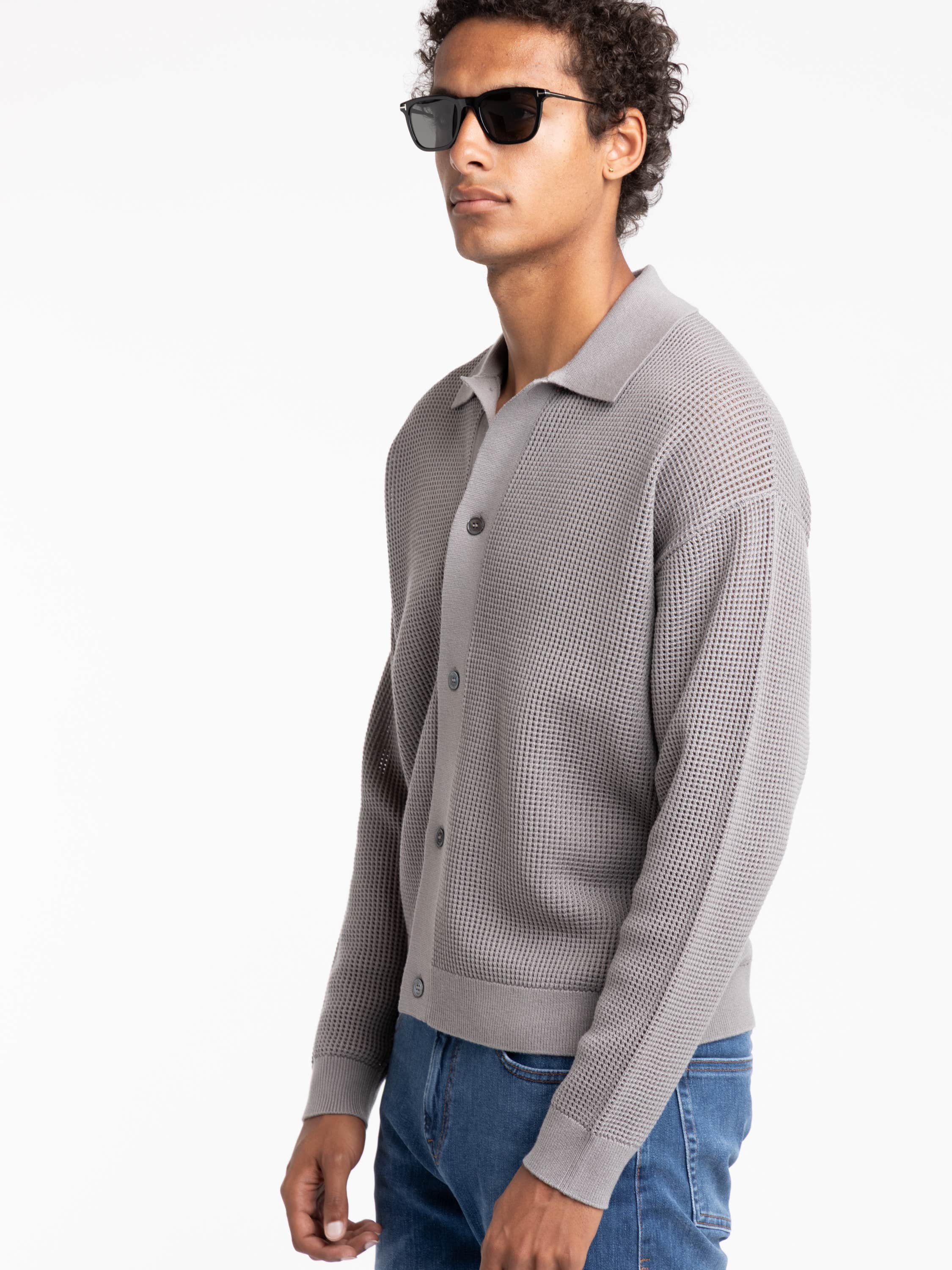Grey Wool Blended Open Knit Cardigan