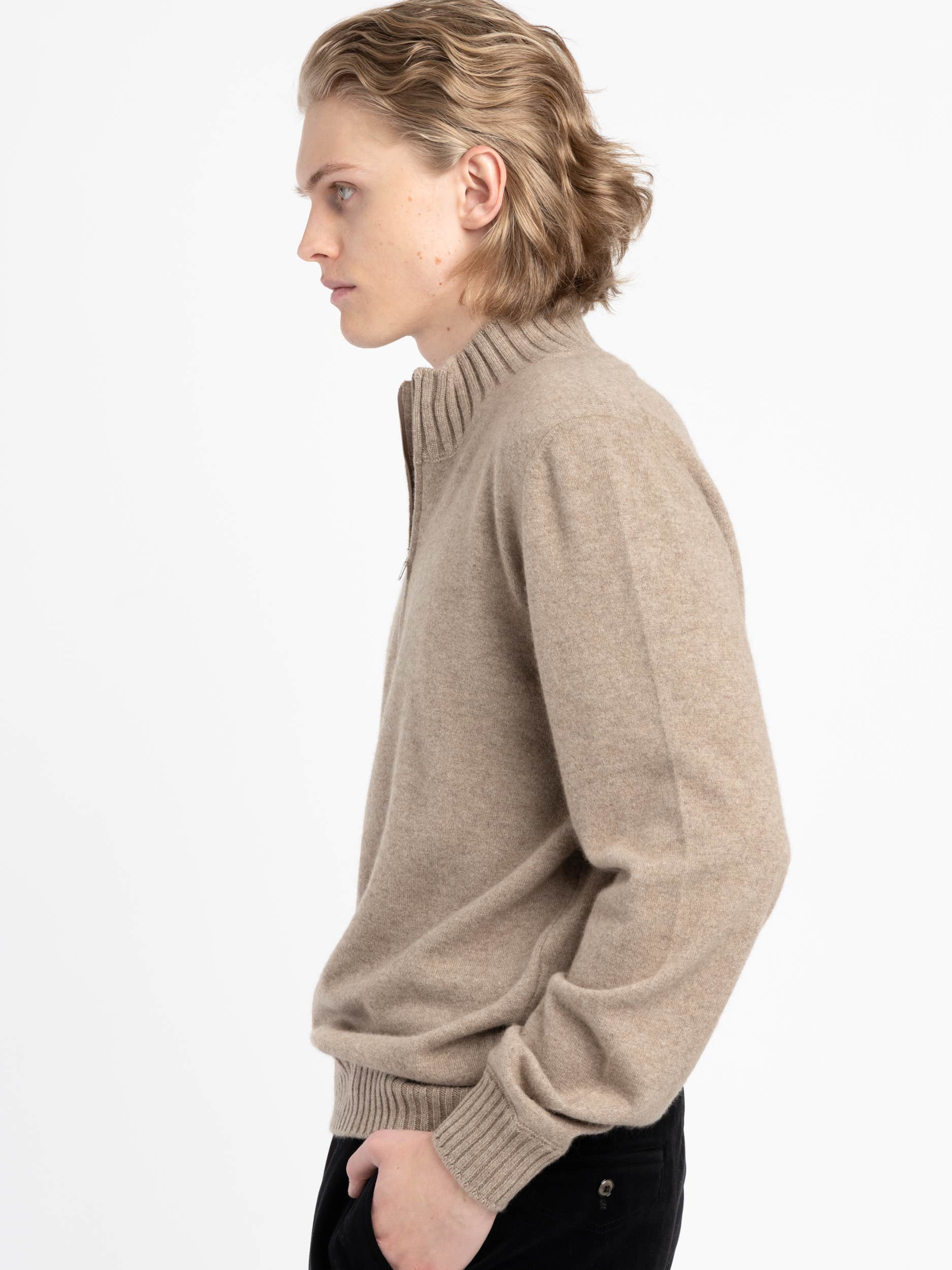 Beige Half-Zip Felted Cashmere Crewneck