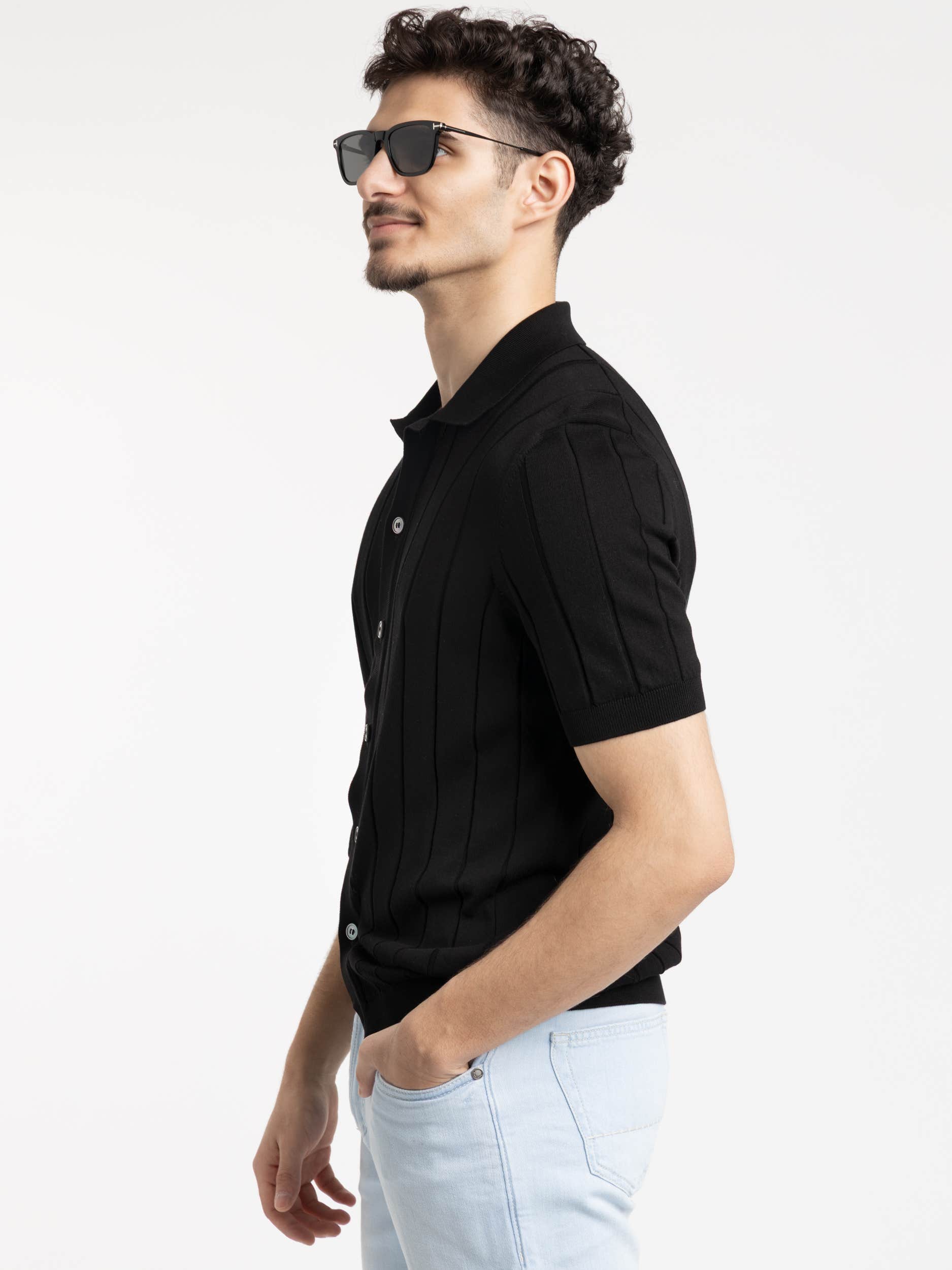 Black Ribbed Full Botton Polo Shirt