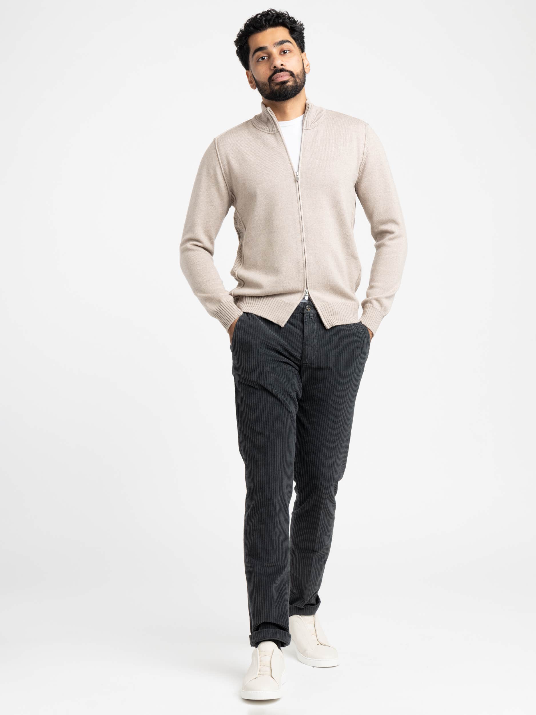 Light Brown Extra Fine Merino Wool Zip Sweater