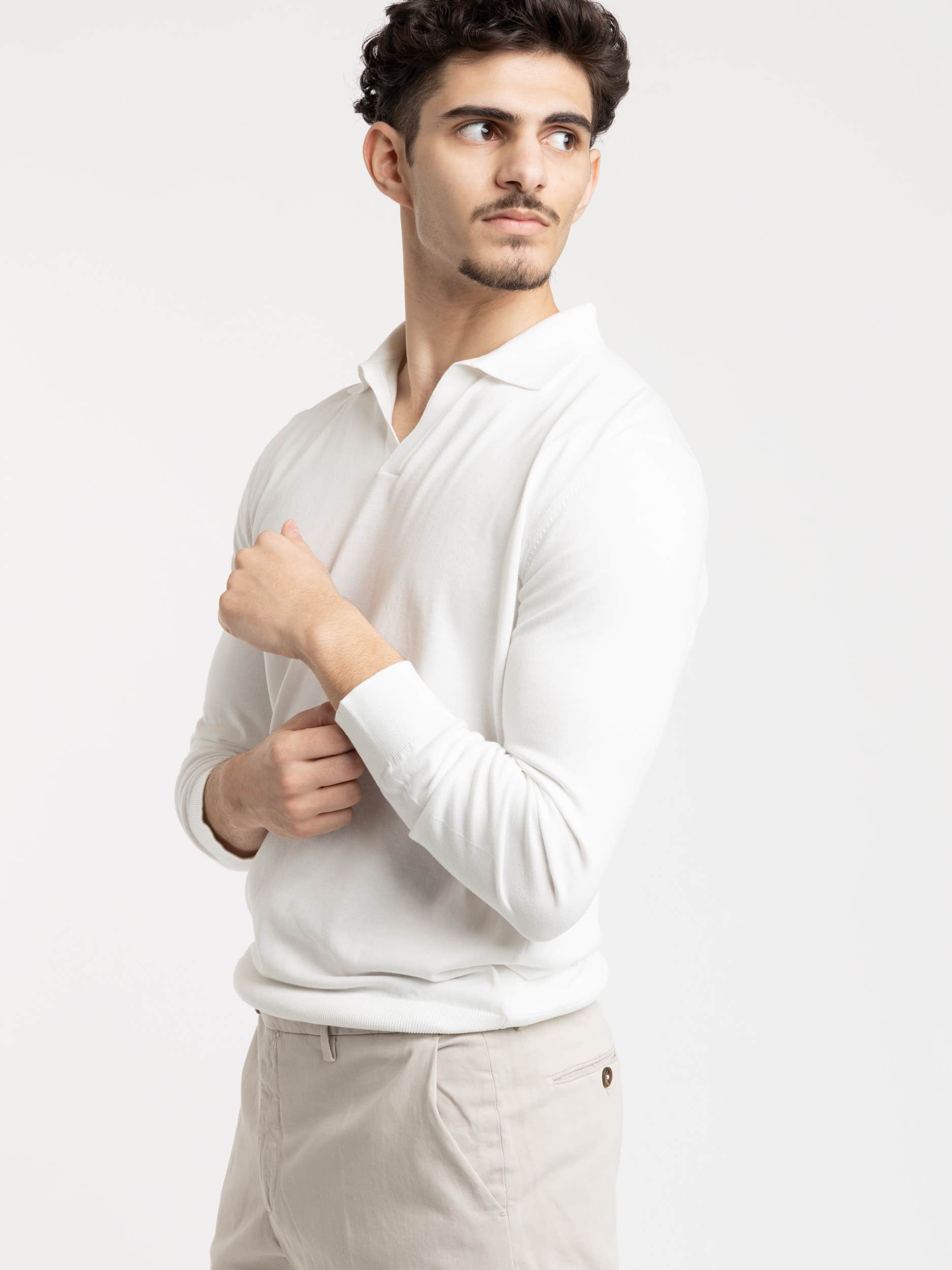 Long-Sleeved Cotton White Polo