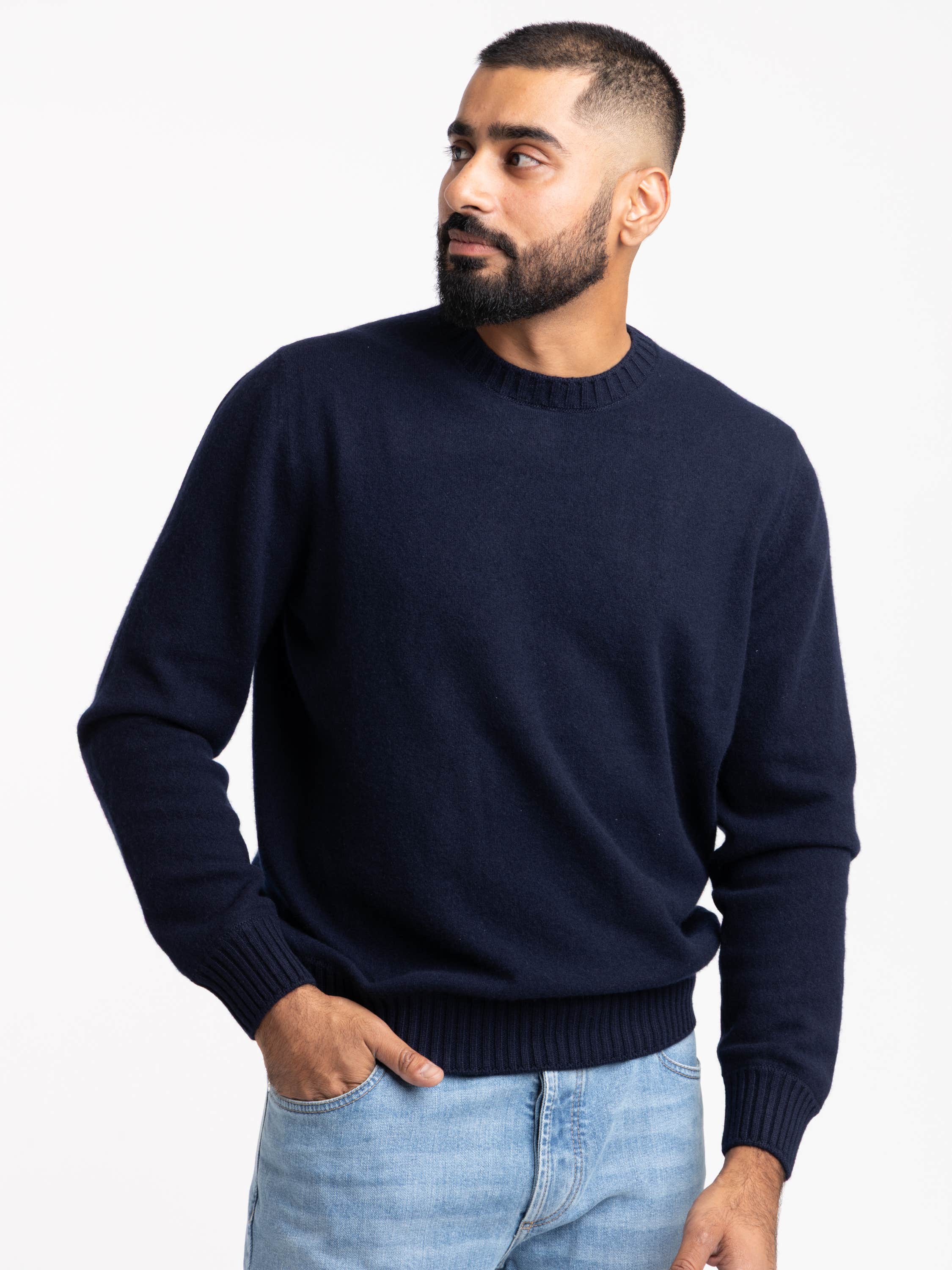 Navy Crewneck Long Sleeve Cashmere Sweater