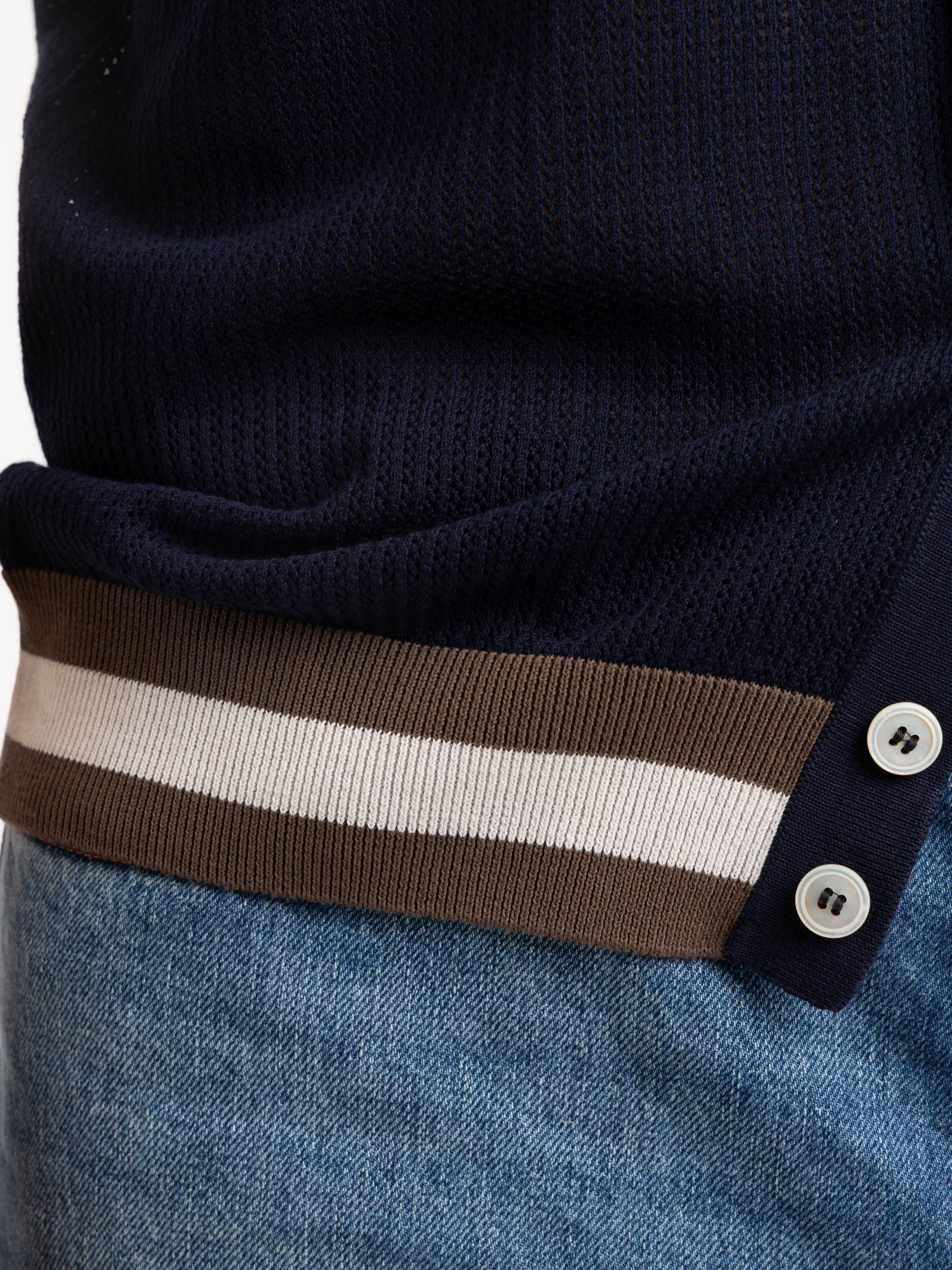 Navy Openwork Knit Shirt With Contrast