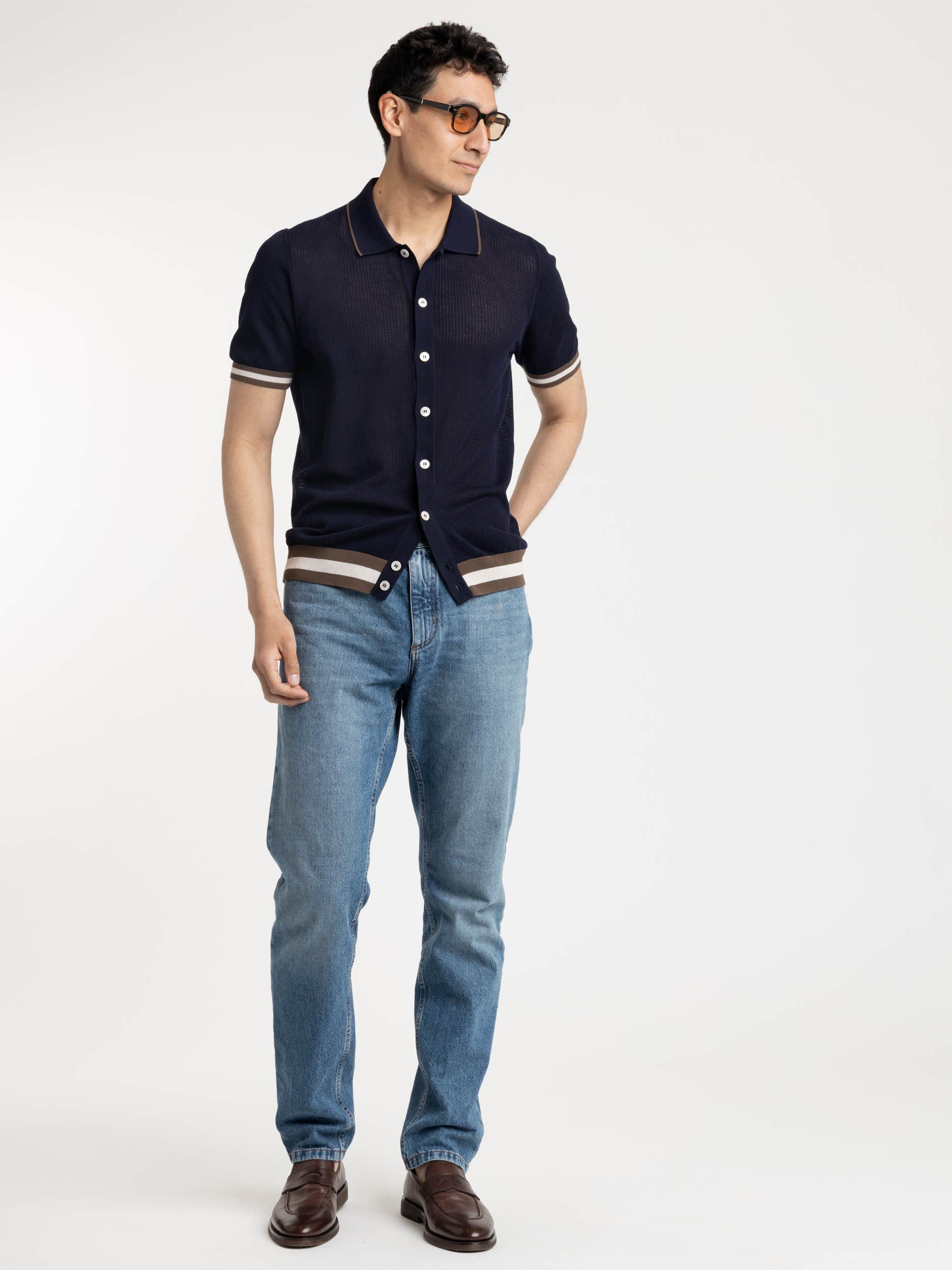 Navy Openwork Knit Shirt With Contrast