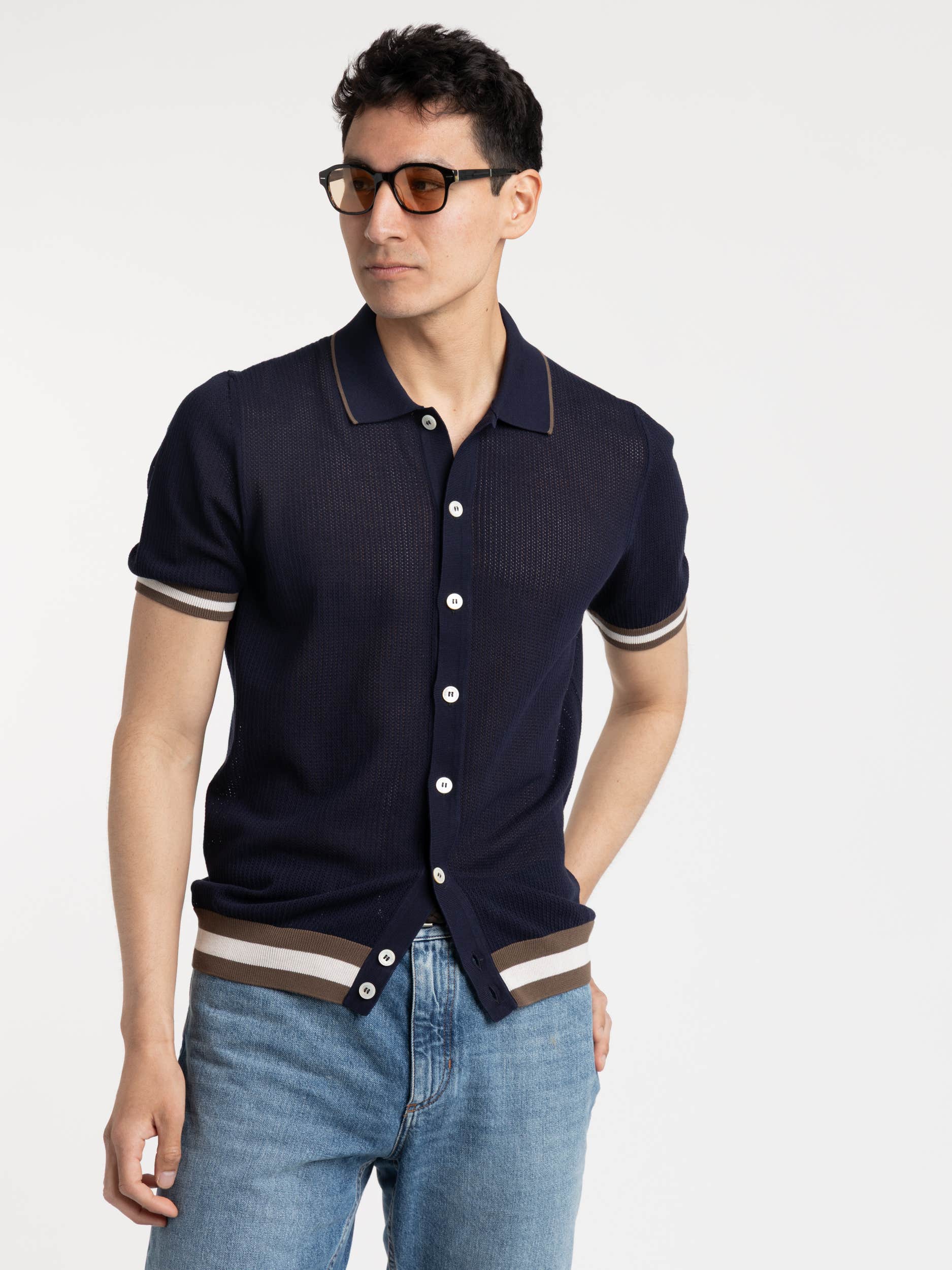 Navy Openwork Knit Shirt With Contrast