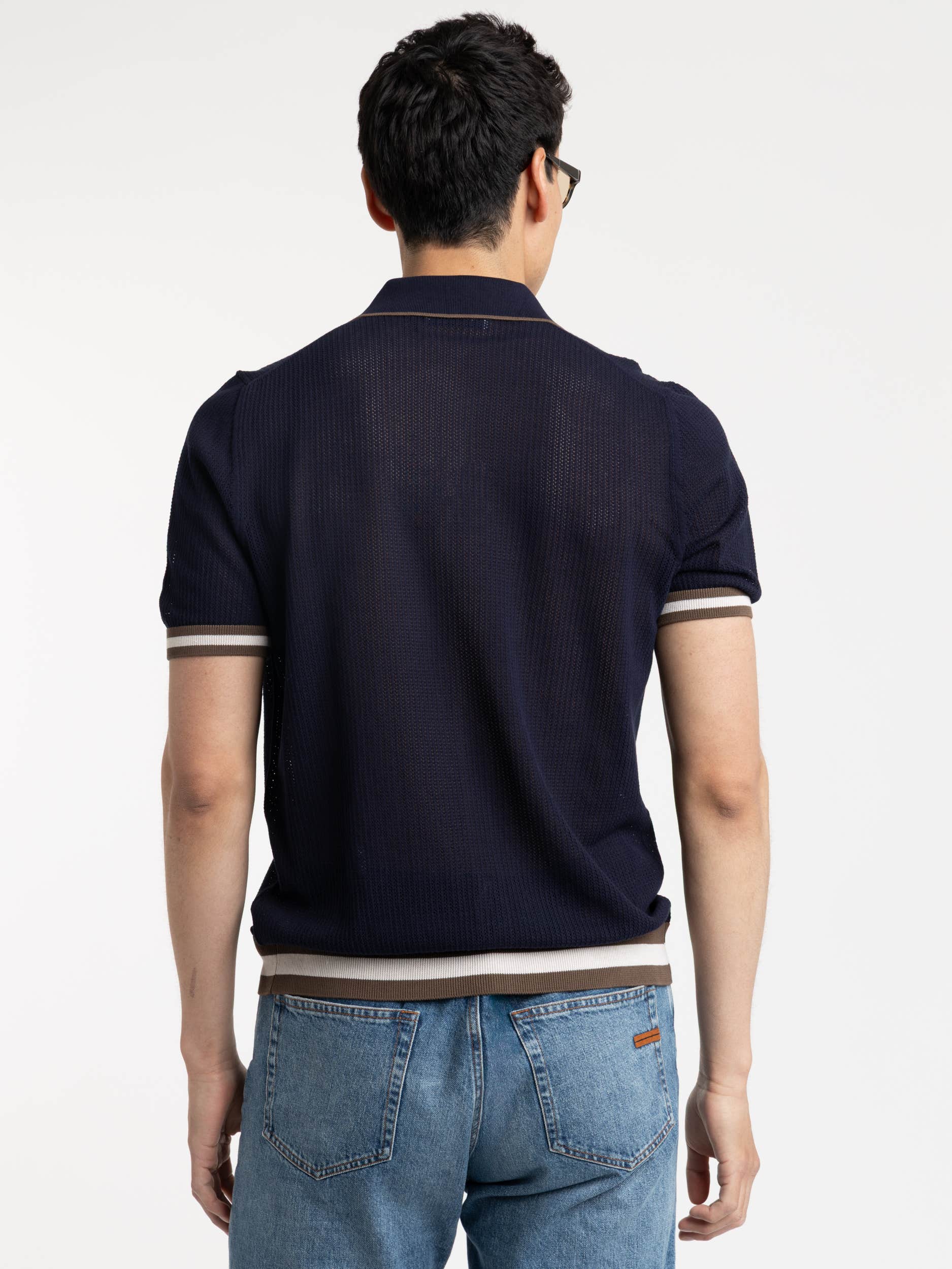 Navy Openwork Knit Shirt With Contrast
