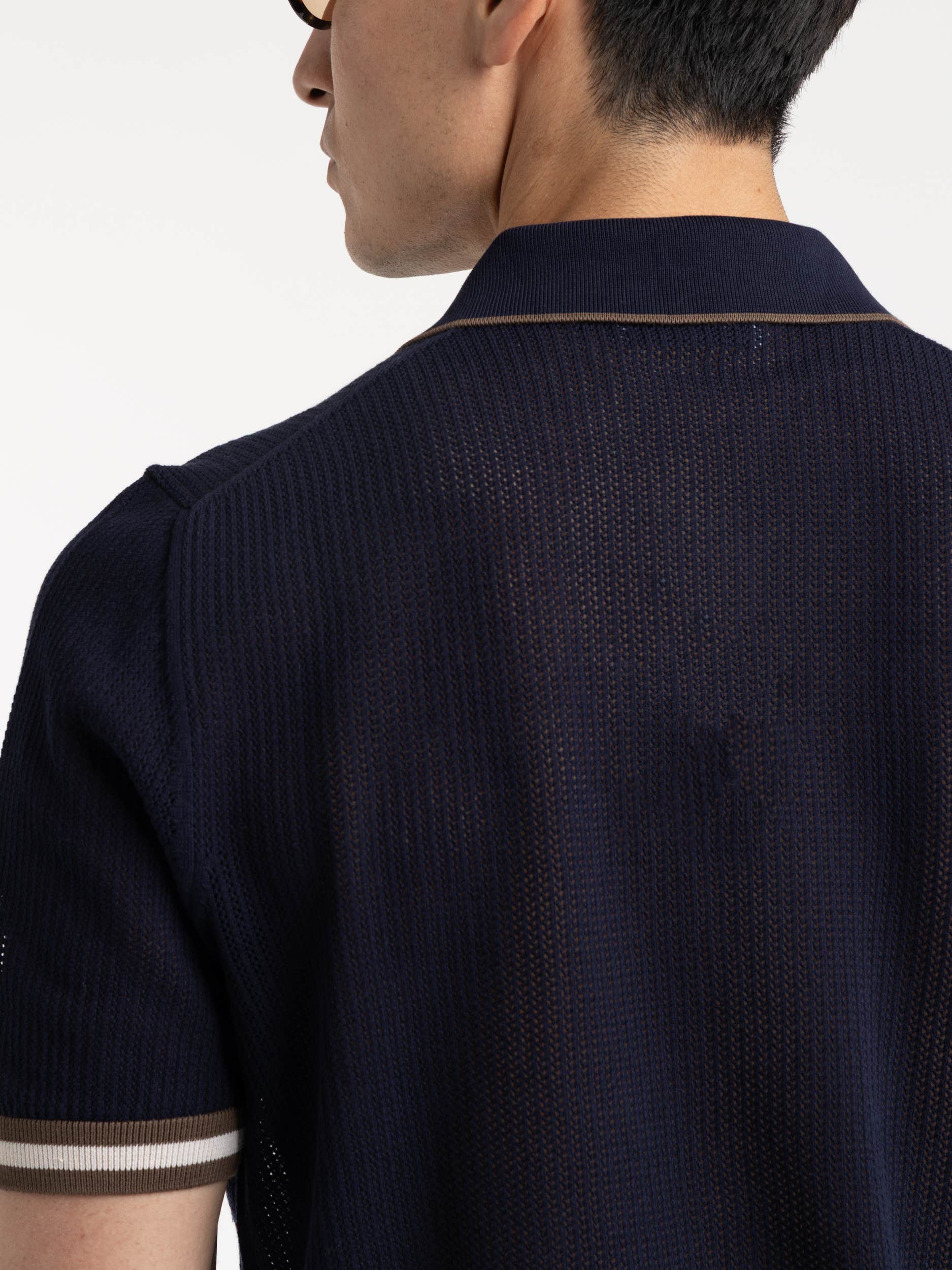 Navy Openwork Knit Shirt With Contrast