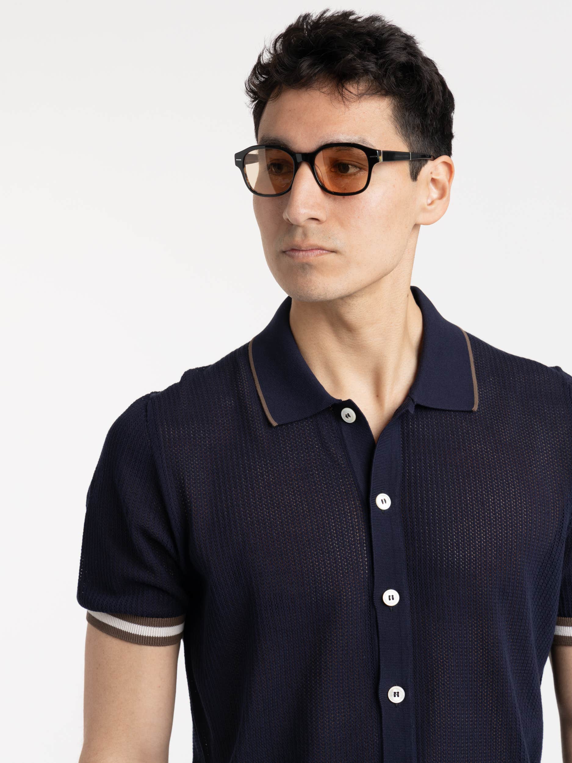 Navy Openwork Knit Shirt With Contrast