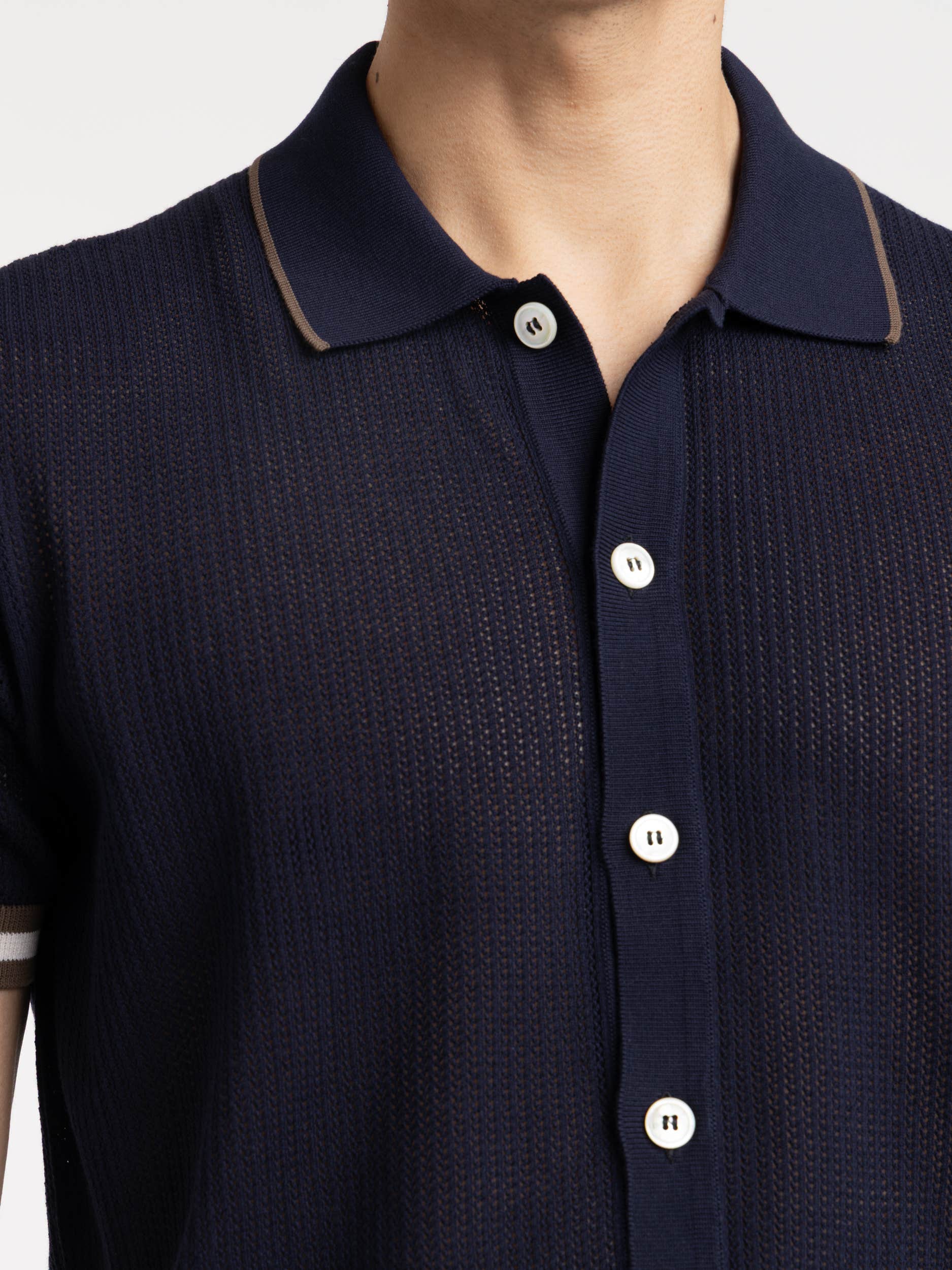 Navy Openwork Knit Shirt With Contrast