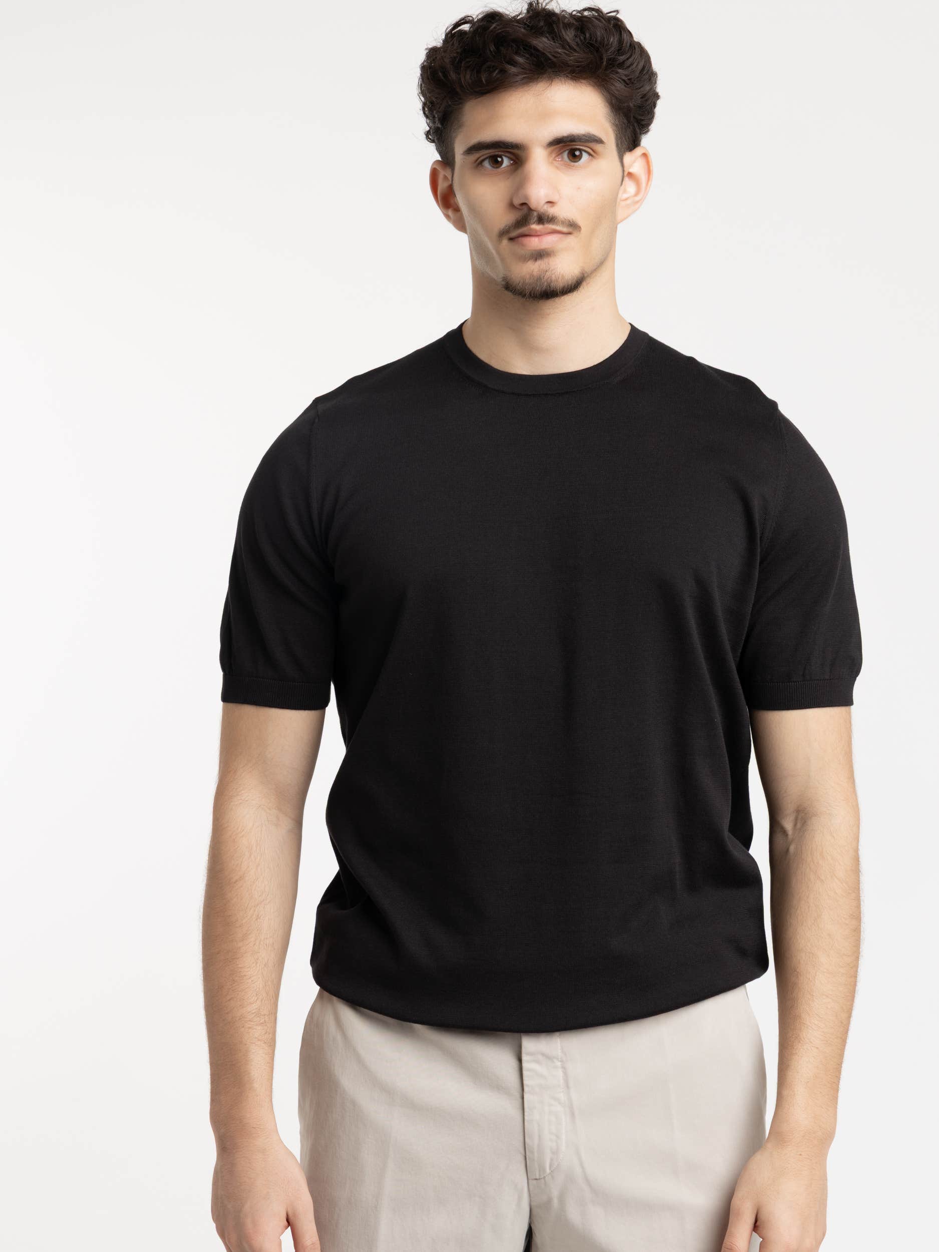 Ribbed Crewneck Knit T-Shirt in Black
