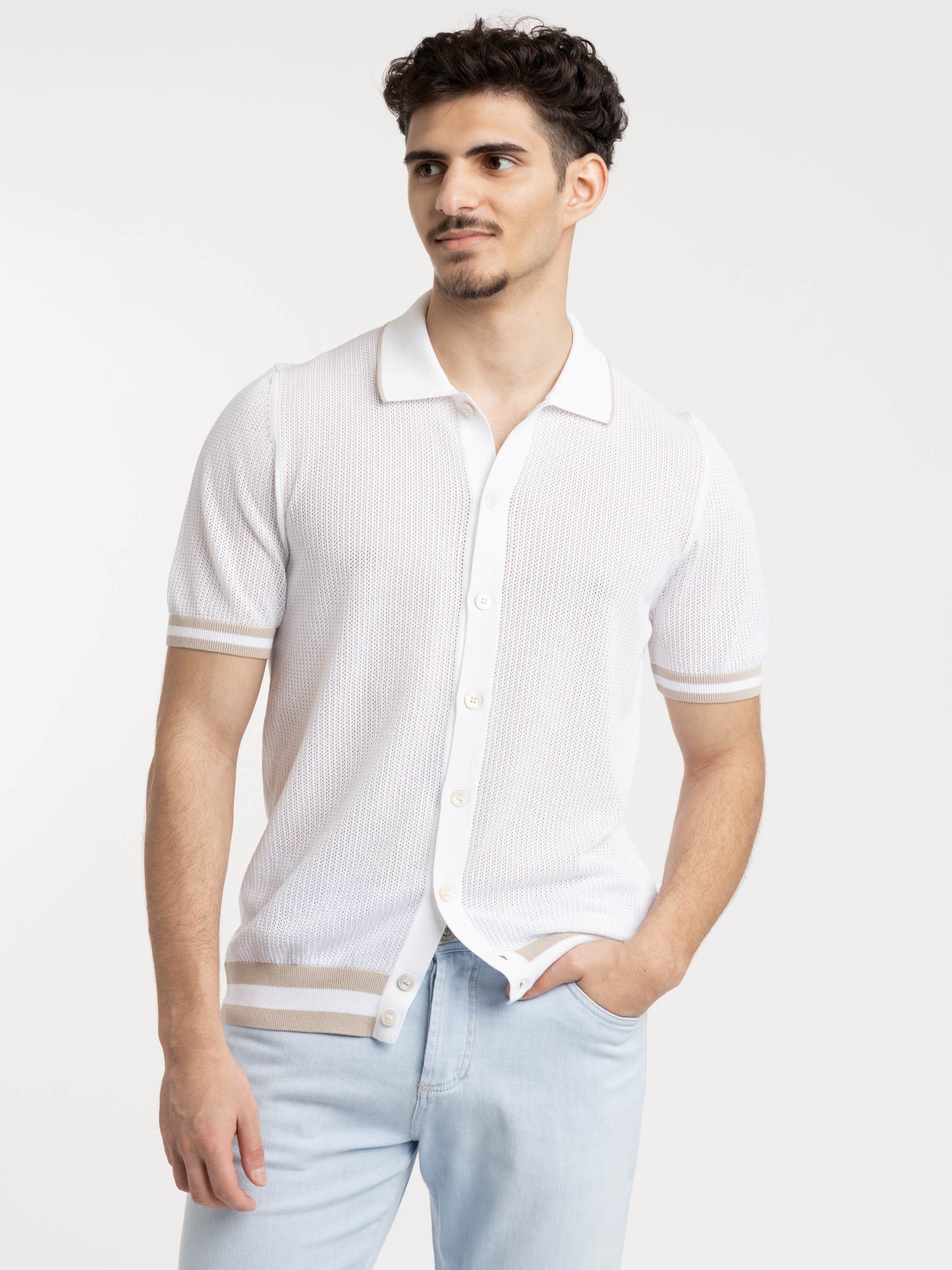 White and Brown Openwork Knit Shirt
