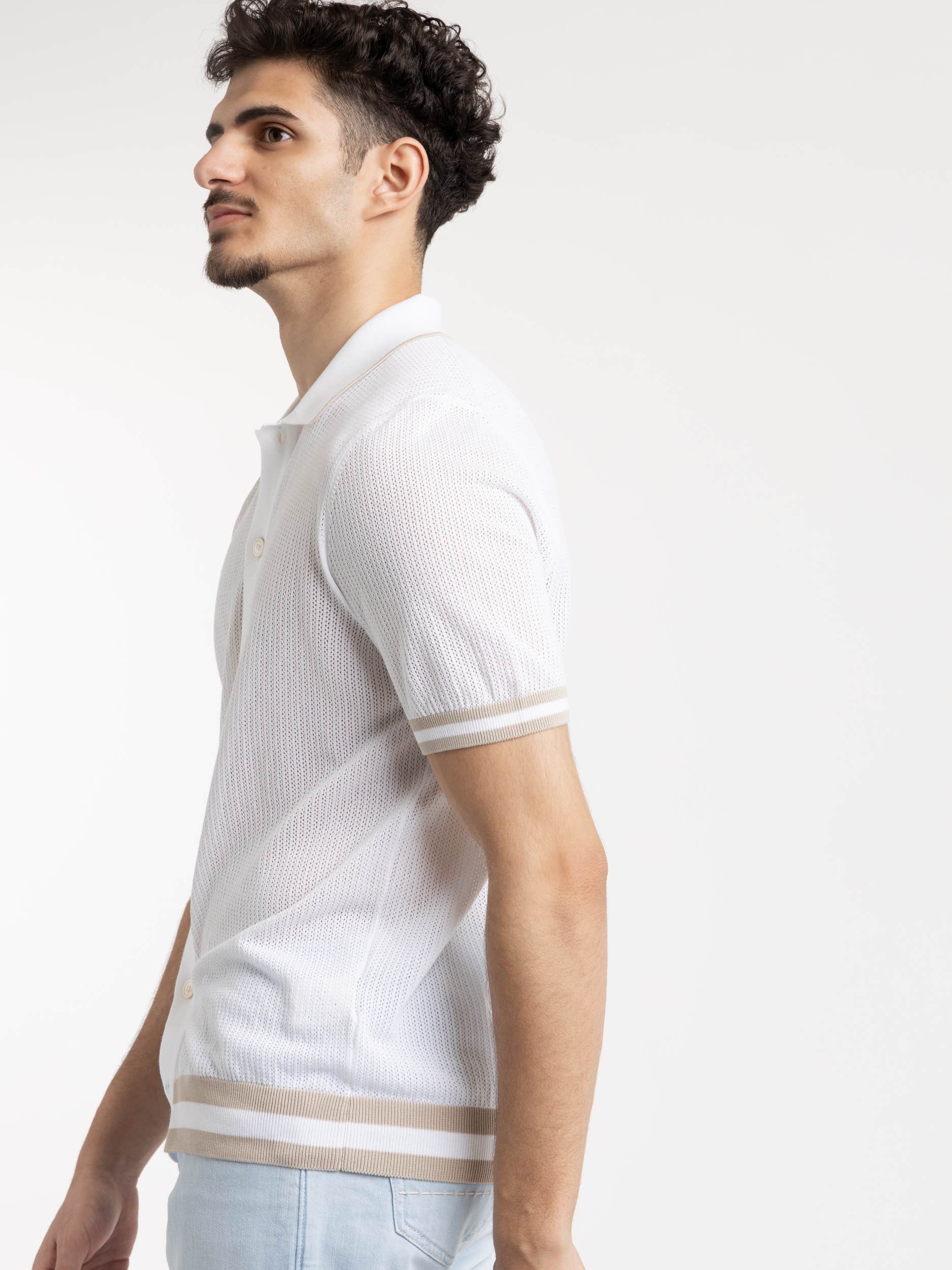 White and Brown Openwork Knit Shirt