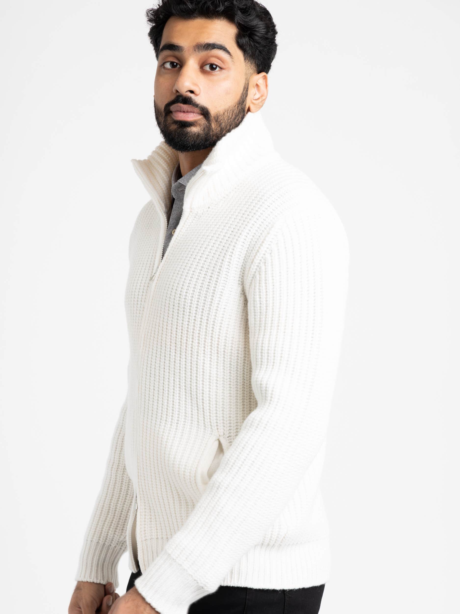 White Cashmere Full Zip Sweater