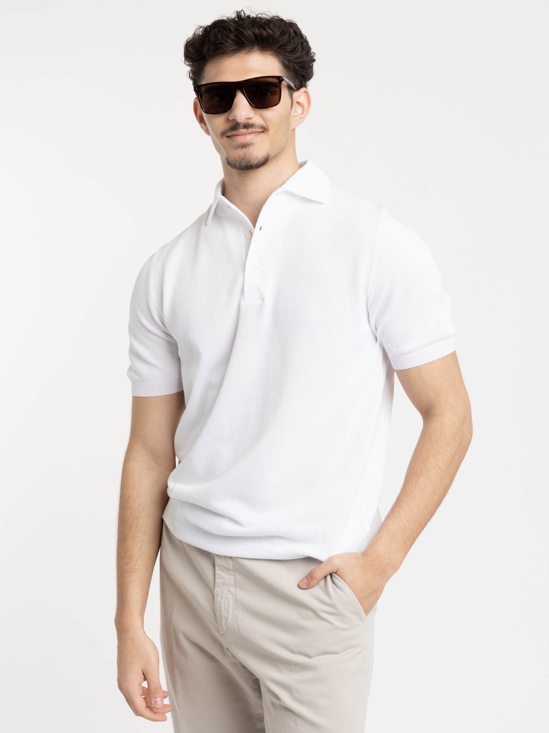 White Cotton Knit Polo Shirt
