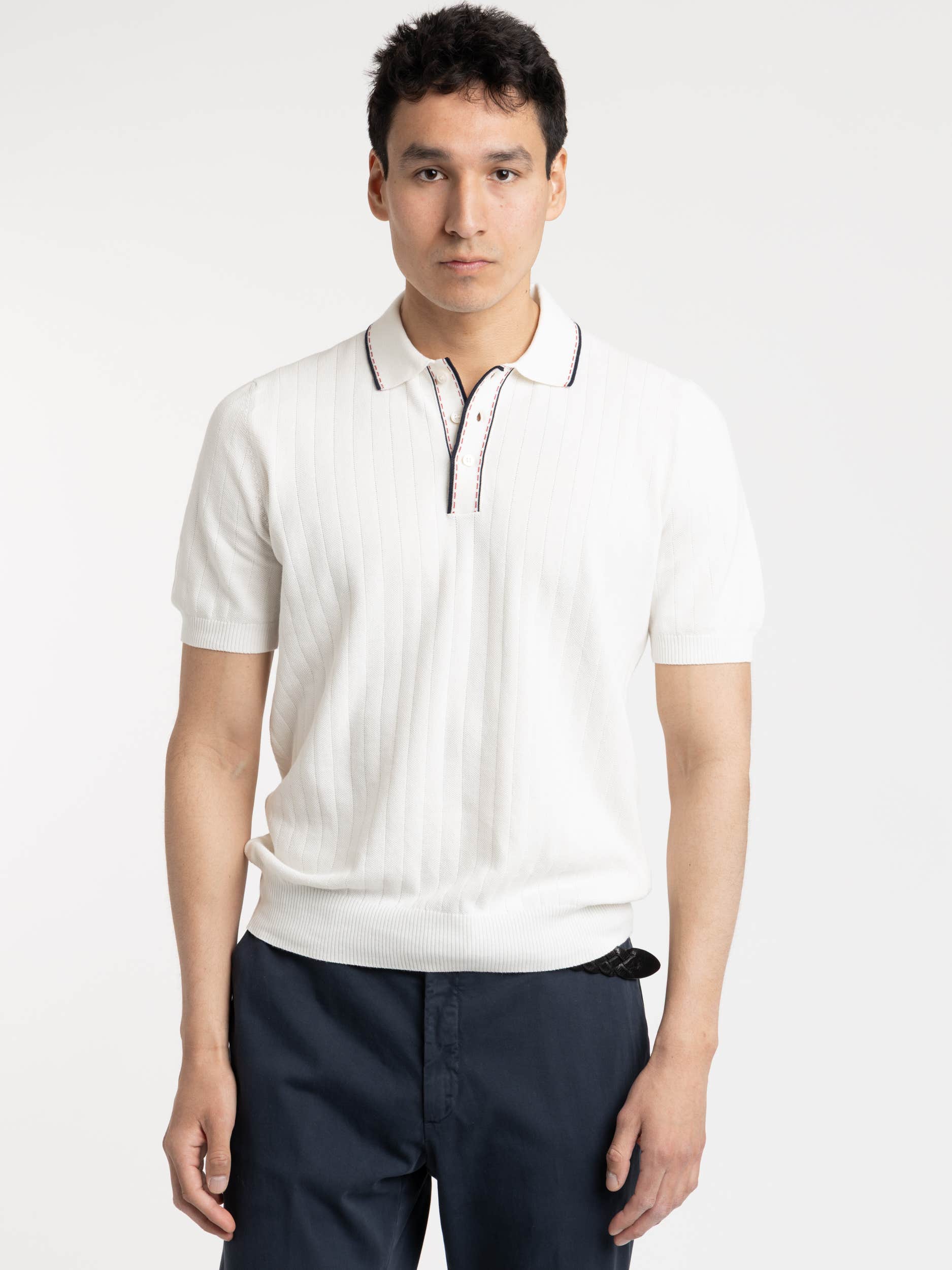 White Knit Polo with Blue/Red Contrast