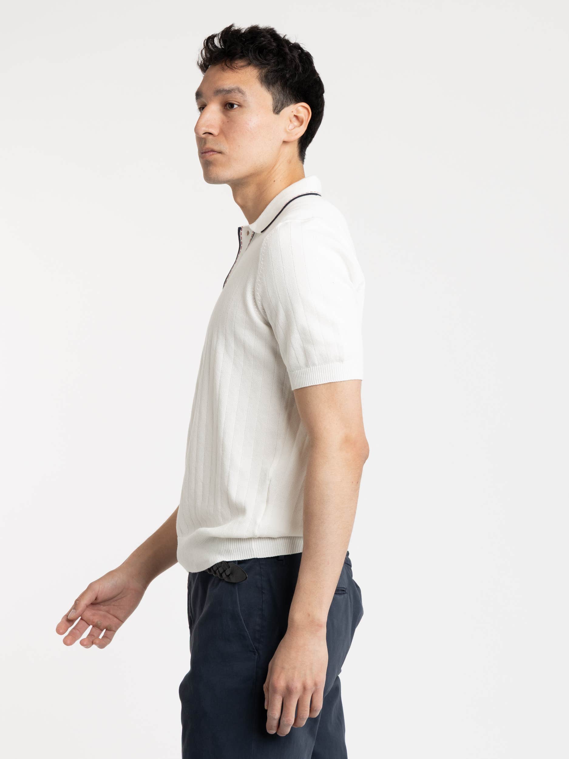 White Knit Polo with Blue/Red Contrast