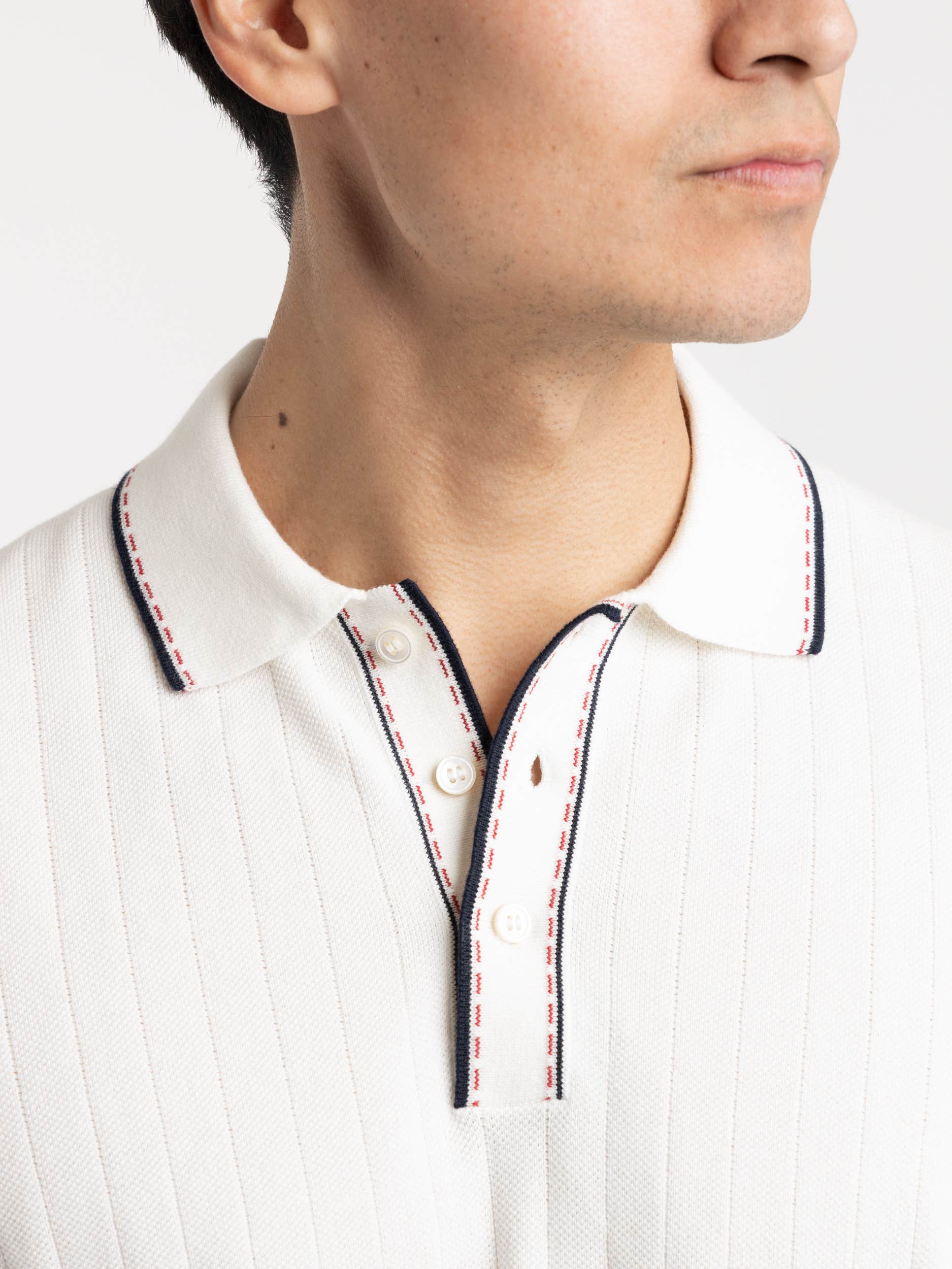 White Knit Polo with Blue/Red Contrast