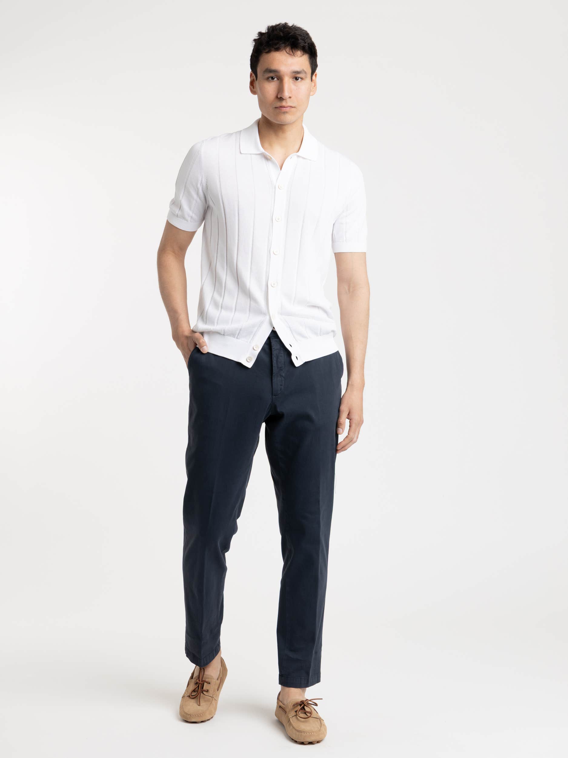 White Ribbed Full Button Polo Shirt