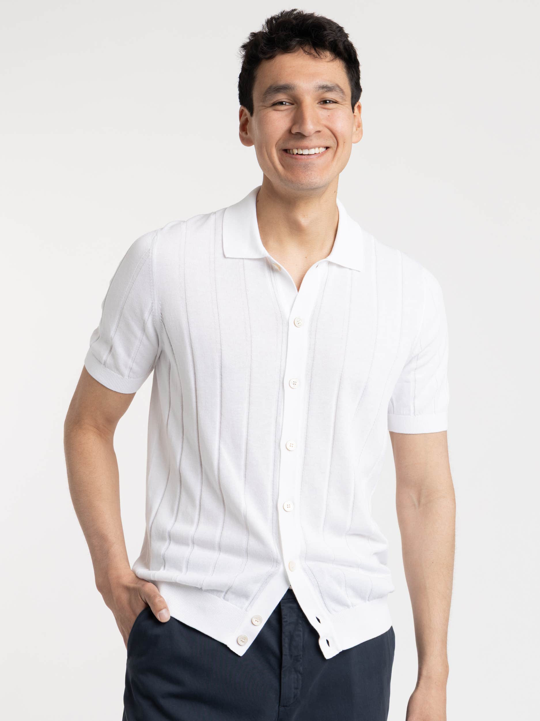 White Ribbed Full Button Polo Shirt
