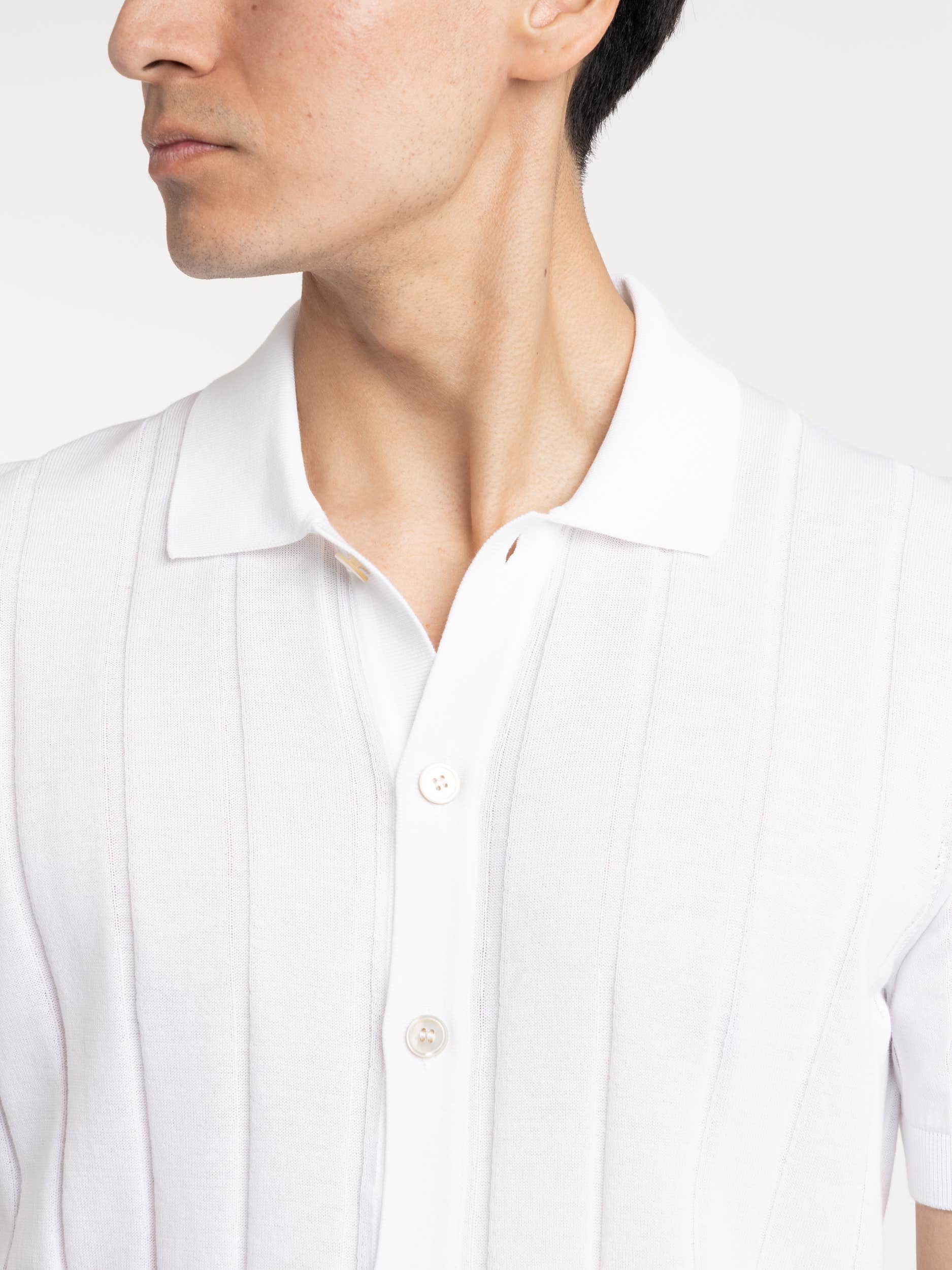 White Ribbed Full Button Polo Shirt