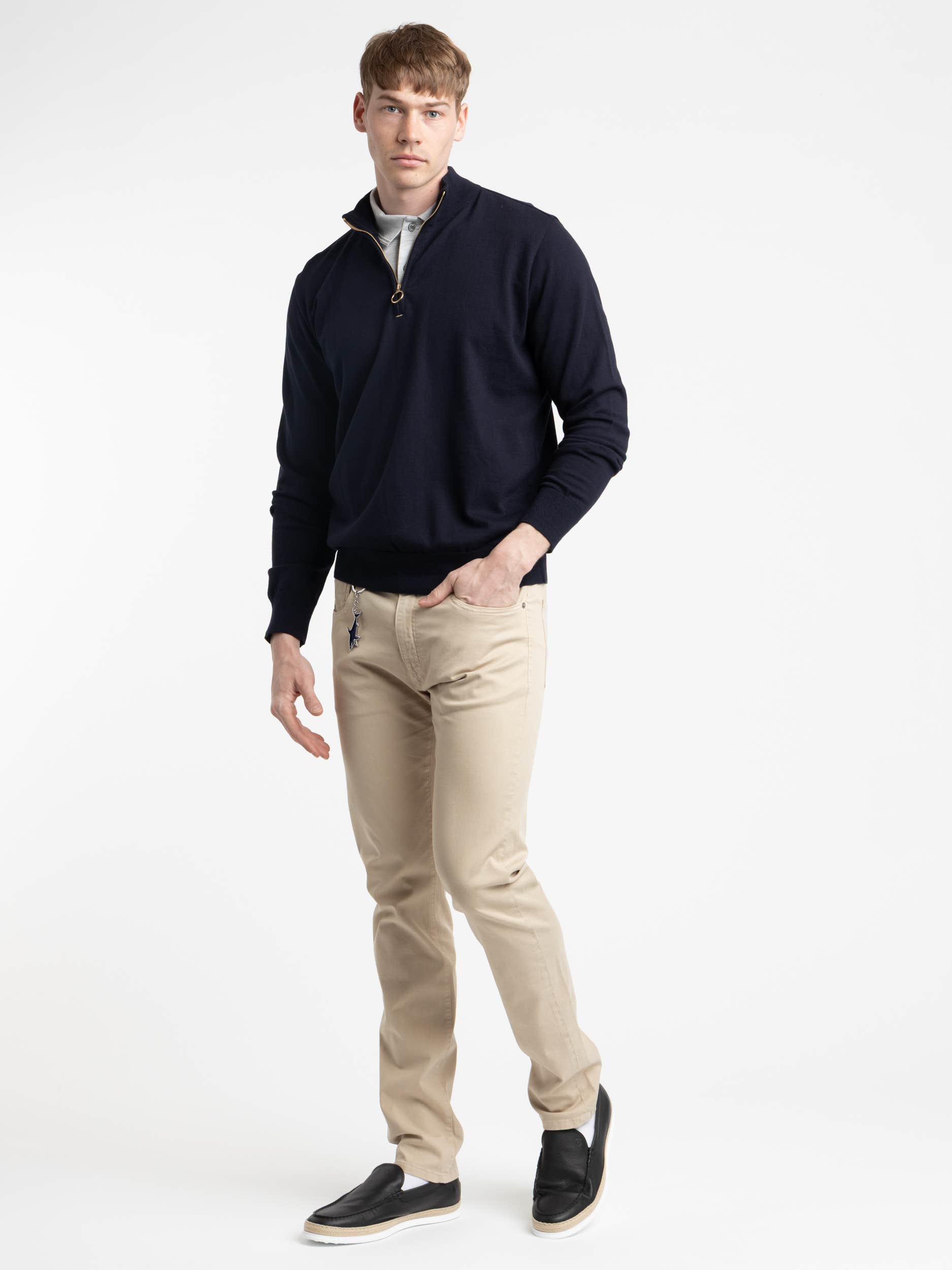 Navy Cotton Quarter Gold Zip Sweater