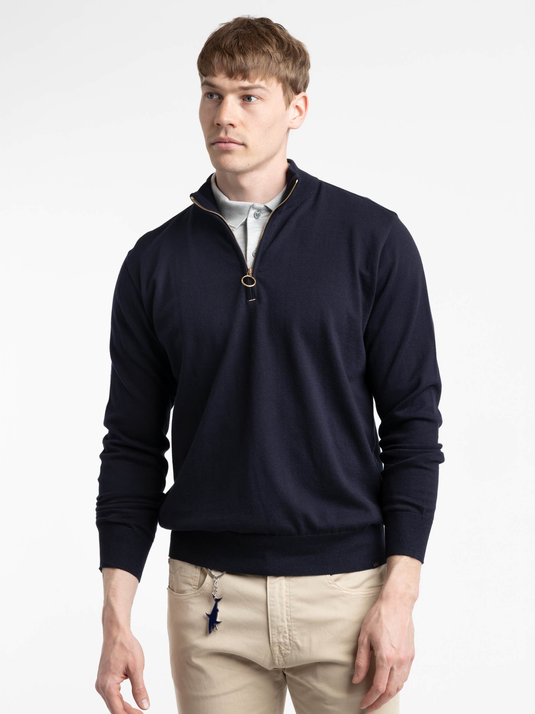 Navy Cotton Quarter Gold Zip Sweater