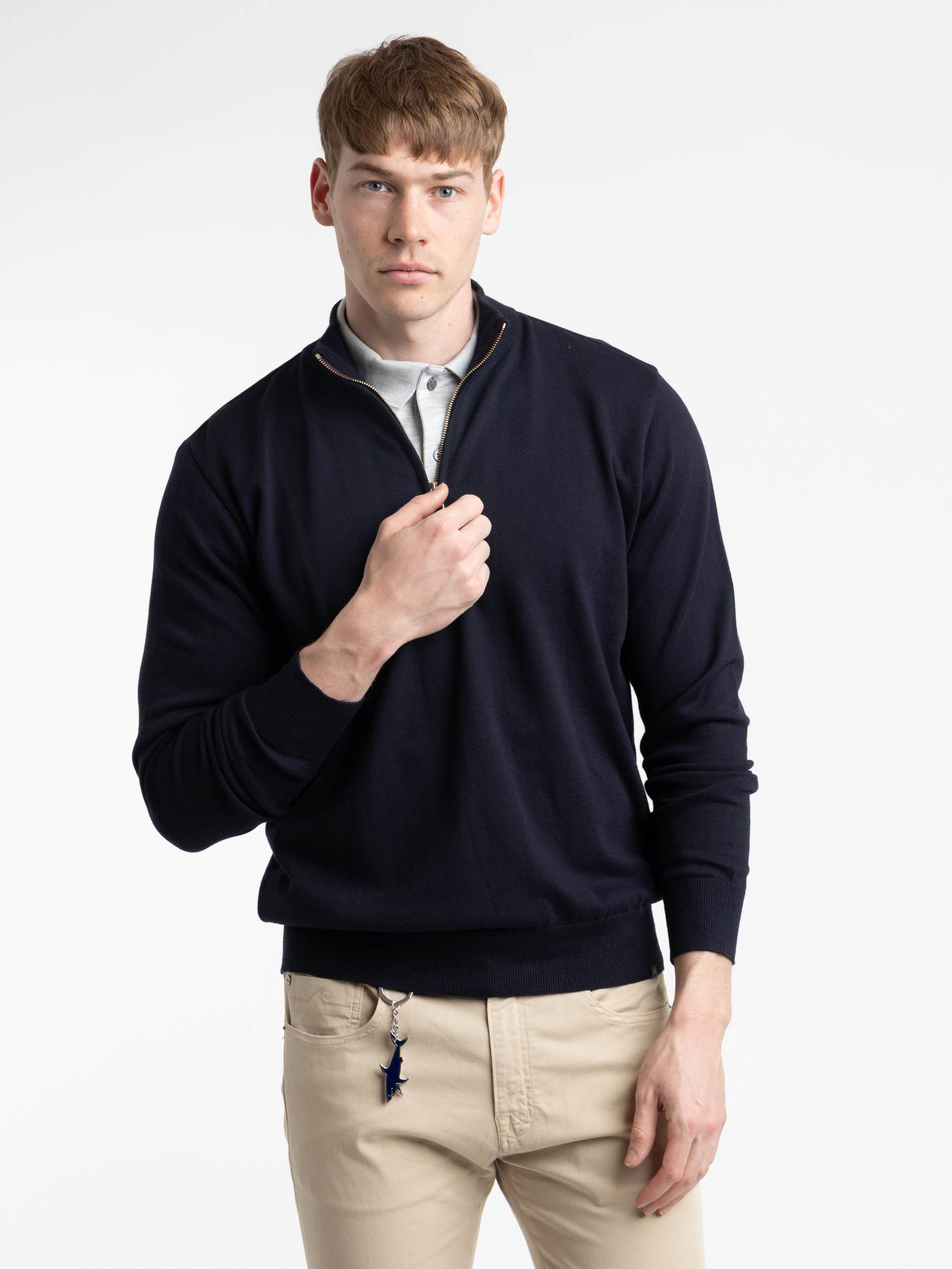 Navy Cotton Quarter Gold Zip Sweater
