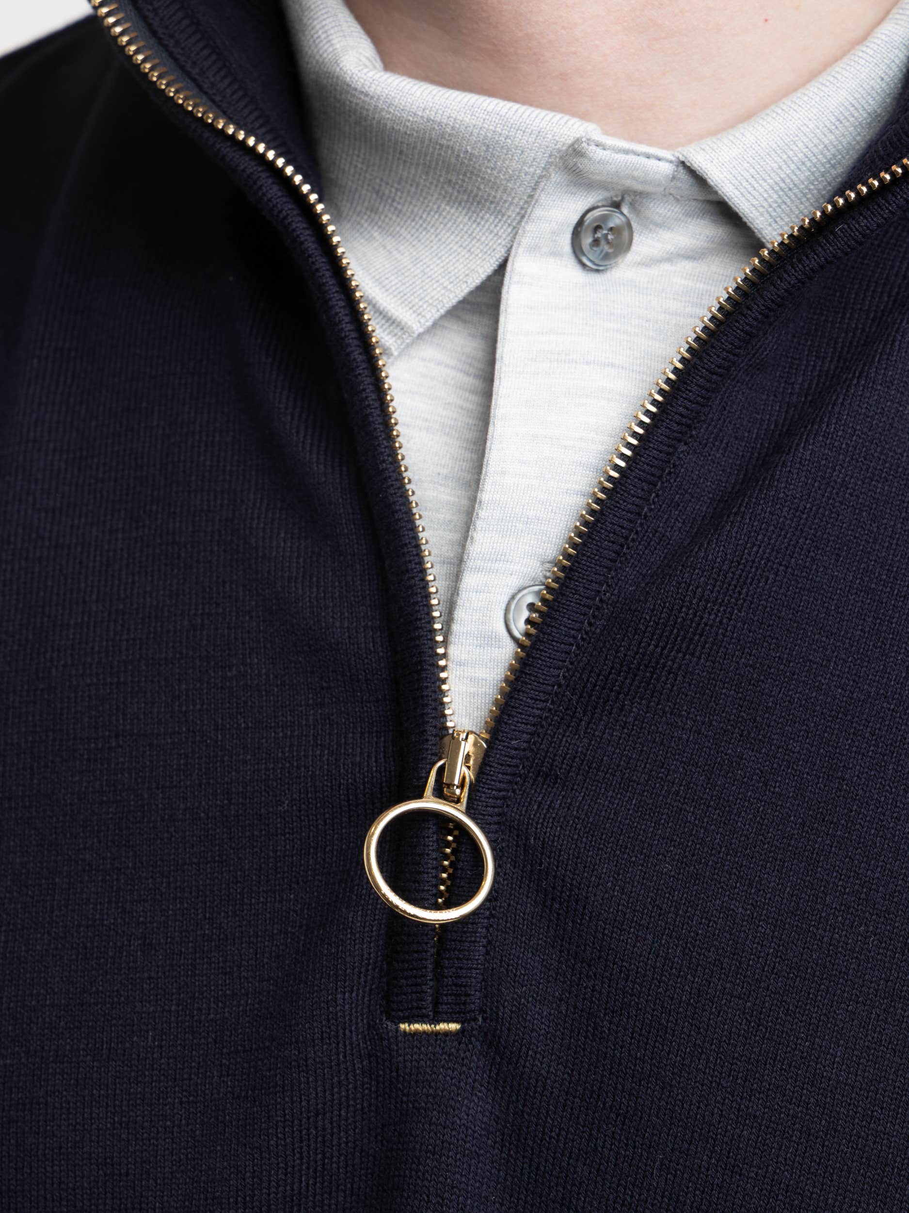 Navy Cotton Quarter Gold Zip Sweater