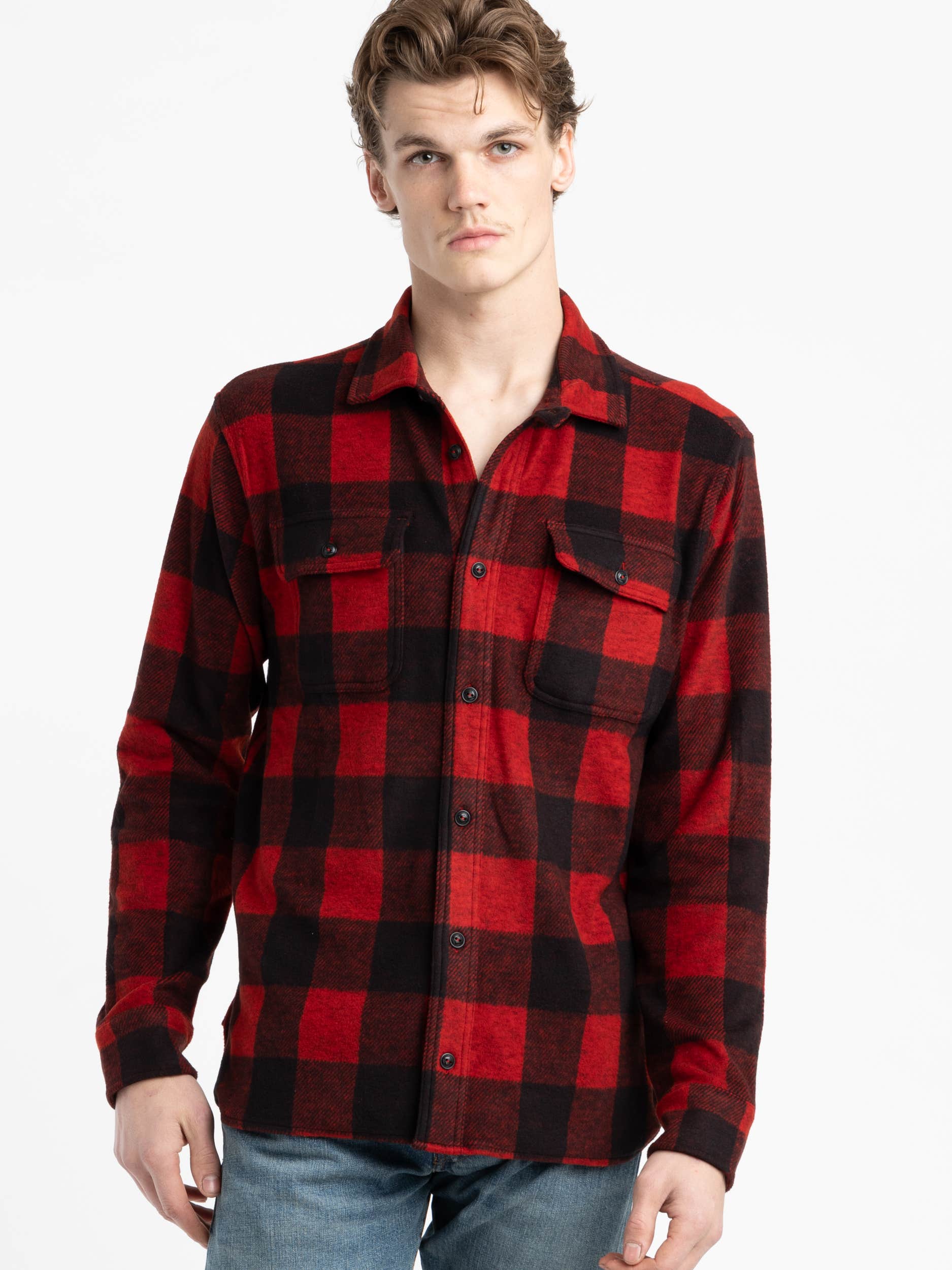 Red Classic Fit Plaid Knit Flannel Workshirt