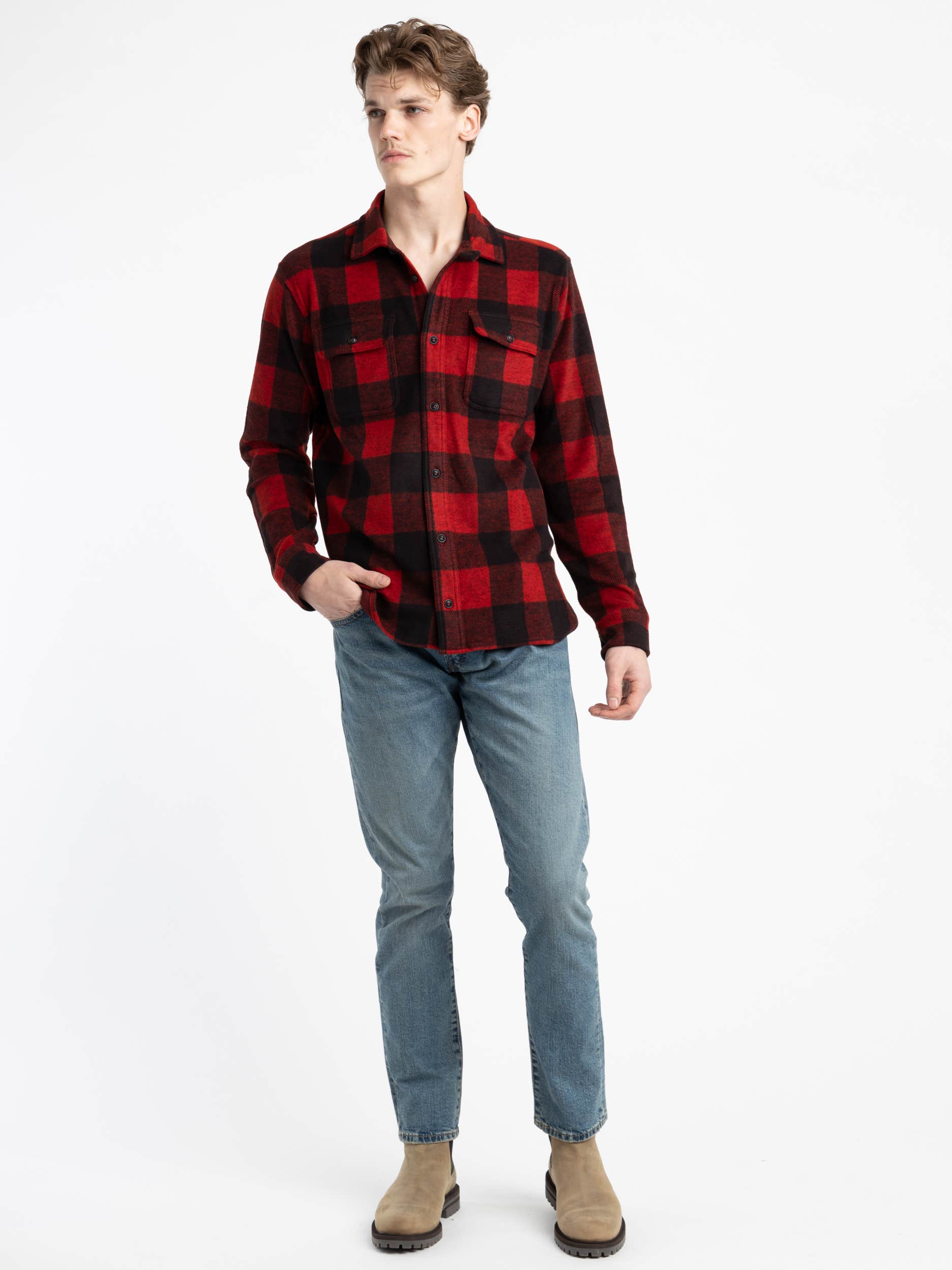 Red Classic Fit Plaid Knit Flannel Workshirt