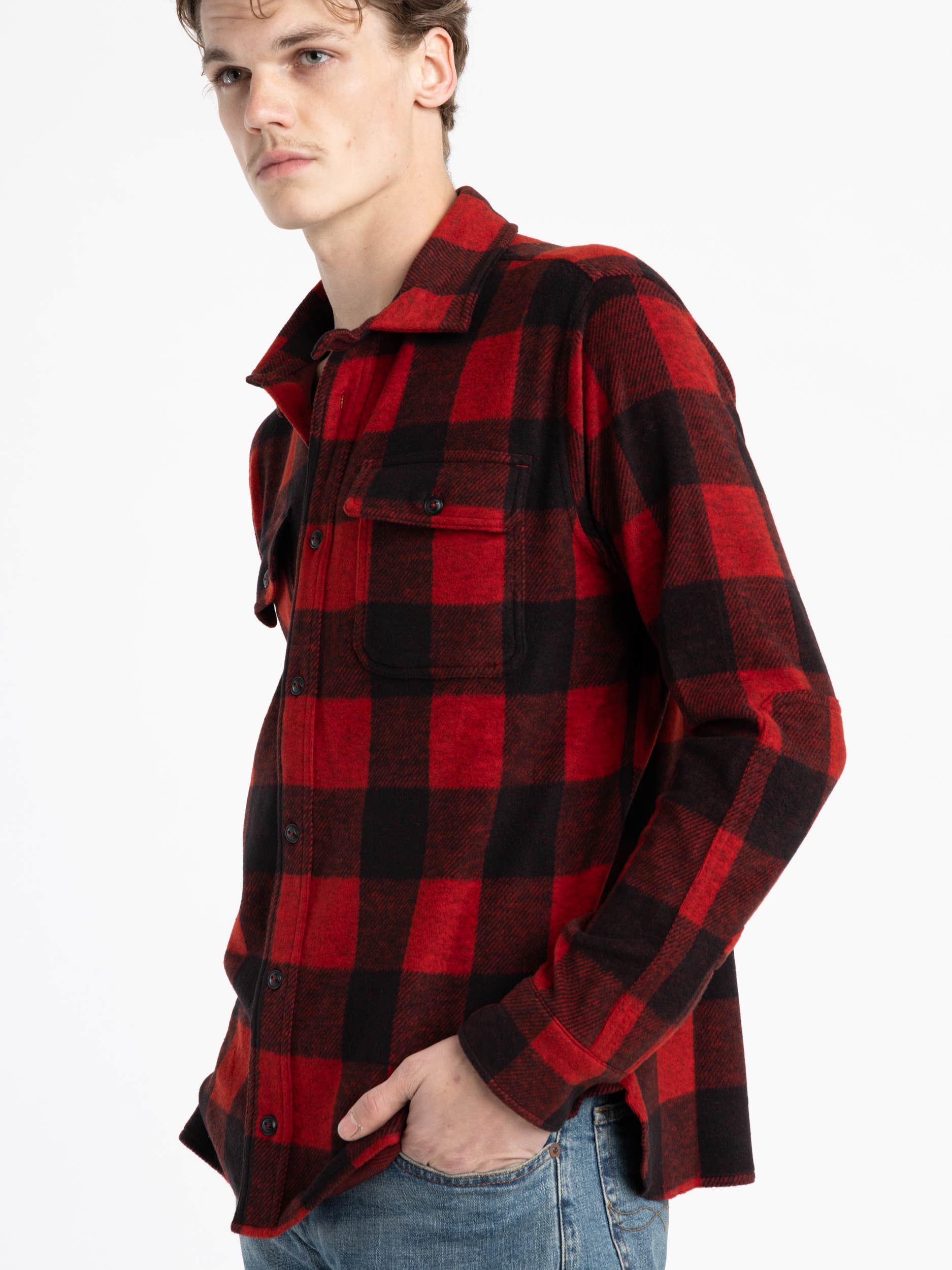 Red Classic Fit Plaid Knit Flannel Workshirt